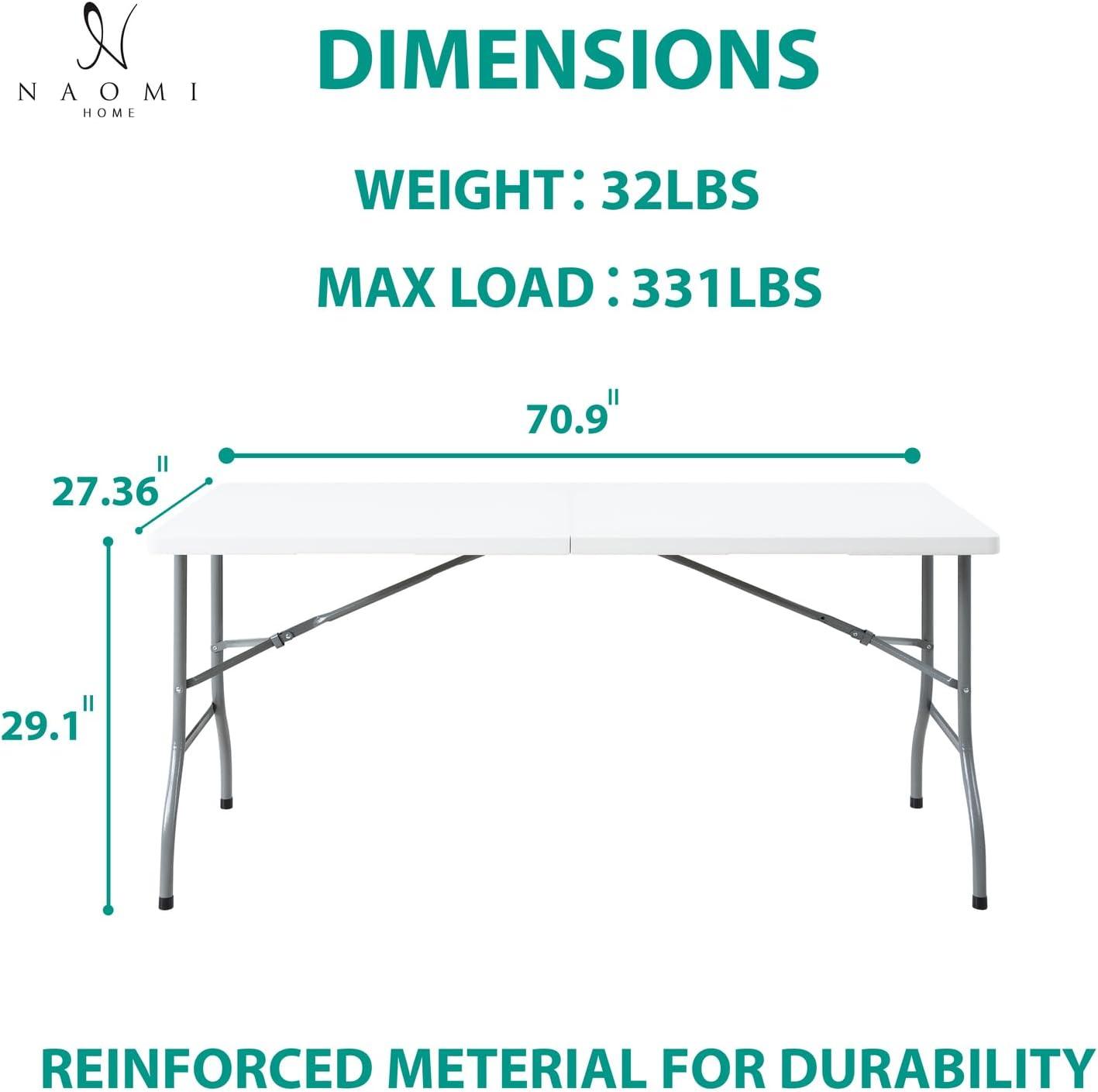 6ft Folding Table Multipurpose Foldable Dinner Table Portable Folding Rectangular Resin Table for Outdoor Camping Picnic Party by Naomi Home - White
