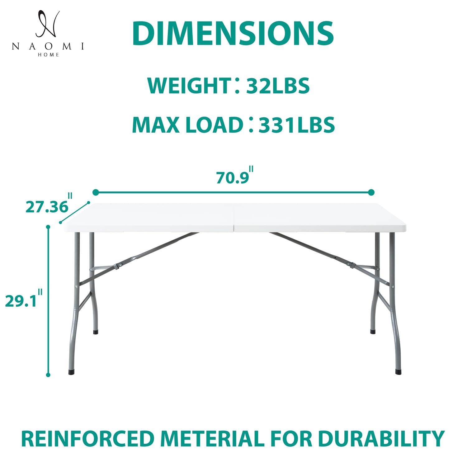 6ft Folding Table Multipurpose Foldable Dinner Table Portable Folding Rectangular Resin Table for Outdoor Camping Picnic Party by Naomi Home - White