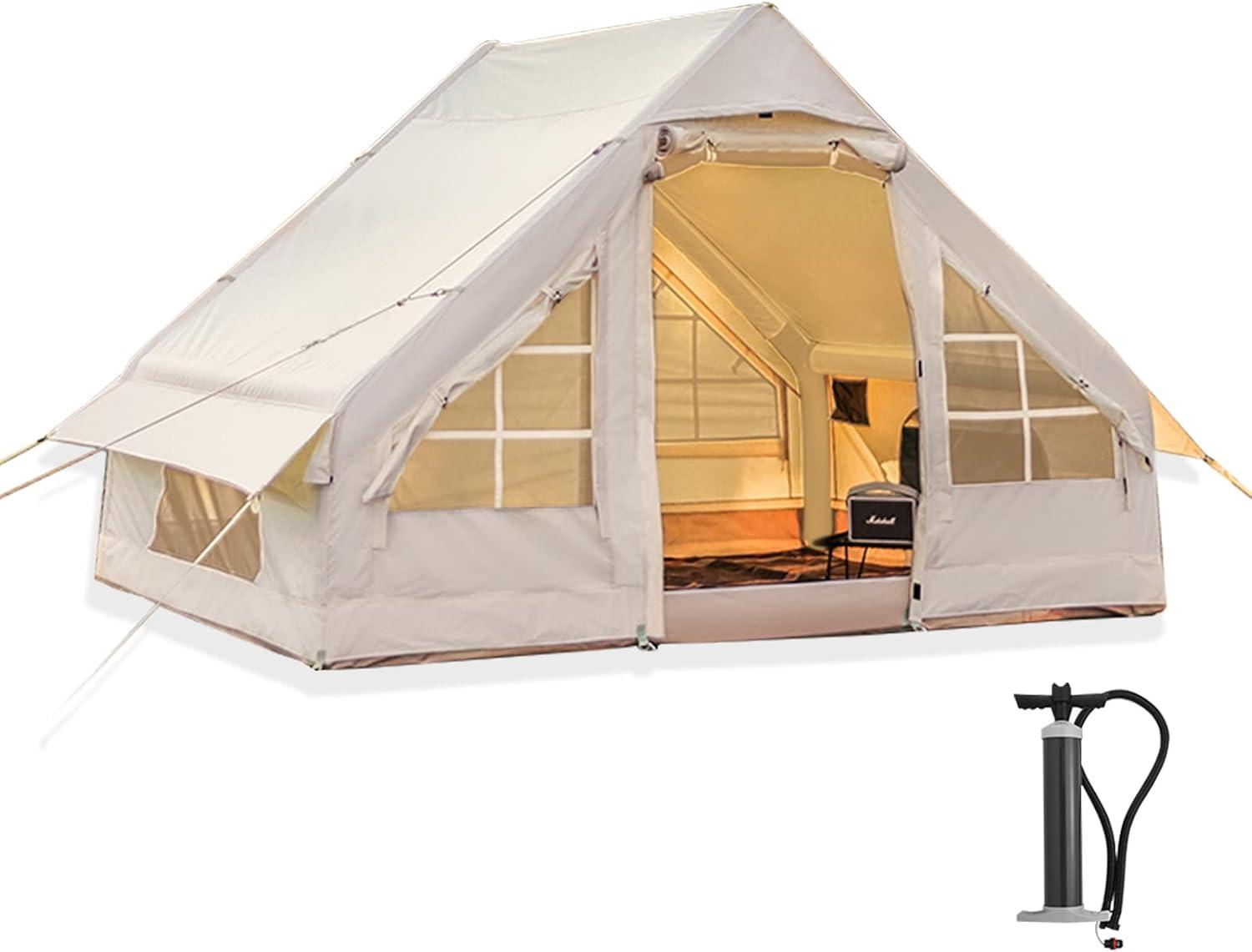 Beige Inflatable 4-Person Cabin Tent with Mesh Windows