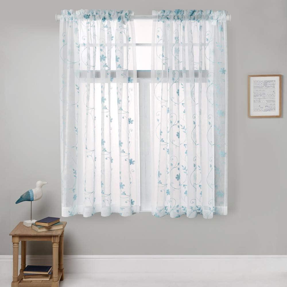 Blue Floral Embroidery Sheer Rod Pocket Curtains, 52" x 63"