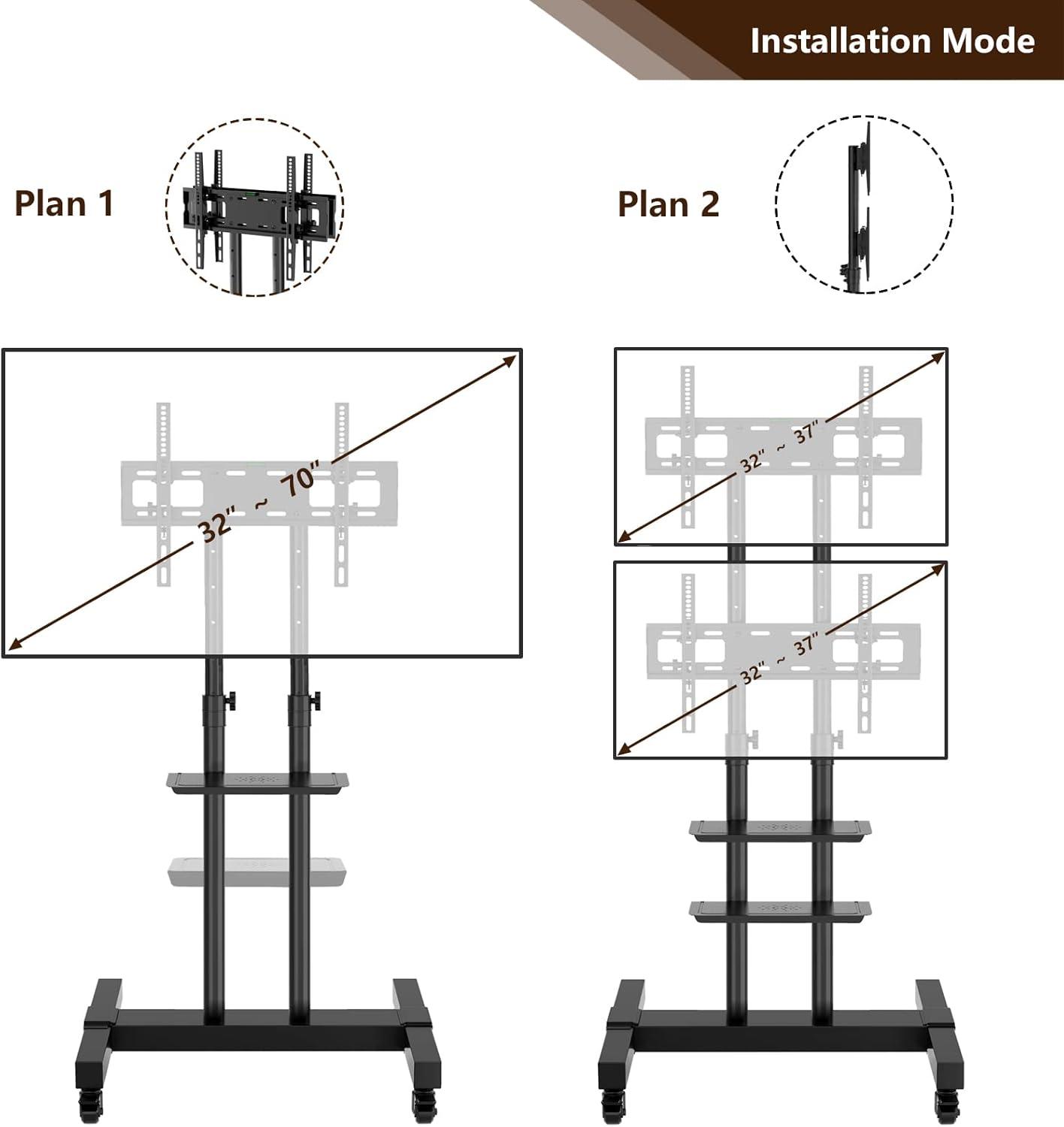 TAVR Dual Mobile TV Stand Rolling TV Cart Floor Stand with 2 TV Brackets on Locking Wheel Height Adjustable Shelf for 32-70 inch Flat/Curved Screen Gaming Console Display,Loading 110 lbs