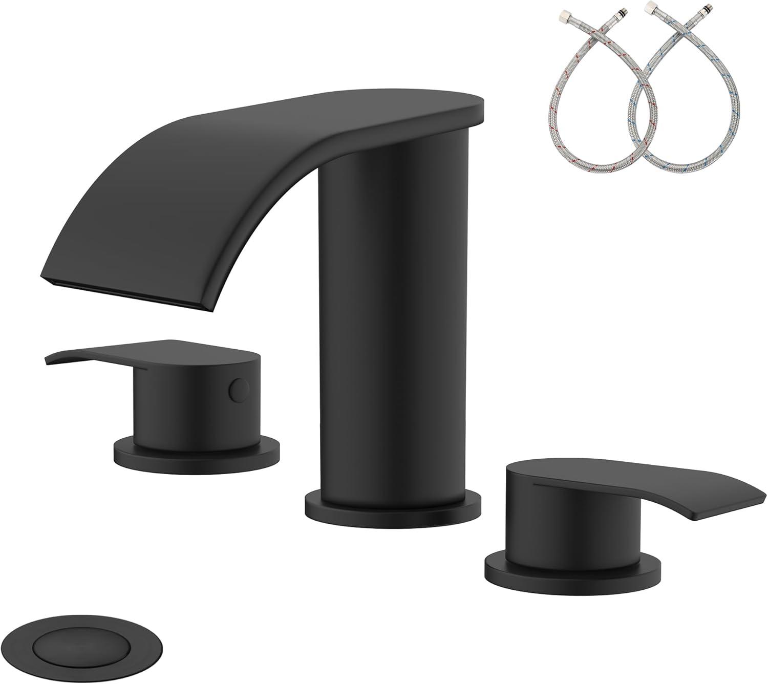 Waterfall Bathroom Sink Faucet Matte Black, Two Handles Bathroom Faucet with Metal Pop up Sink Drain Stopper, 2 or 3 Holes Bathroom Basin Lavatory Mixer Tap with Deck Mount Plate