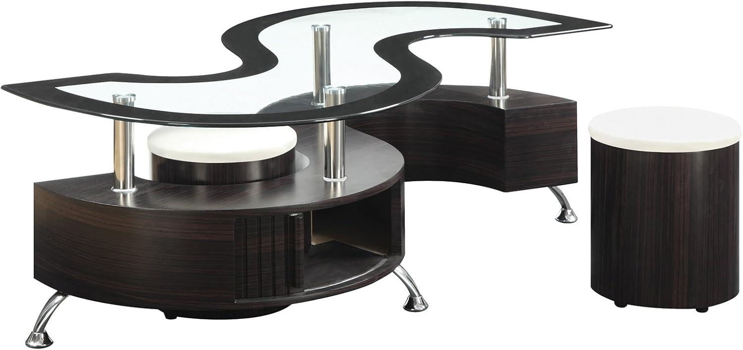 Serpentine Cappuccino Coffee Table with Chrome Accents and Stools