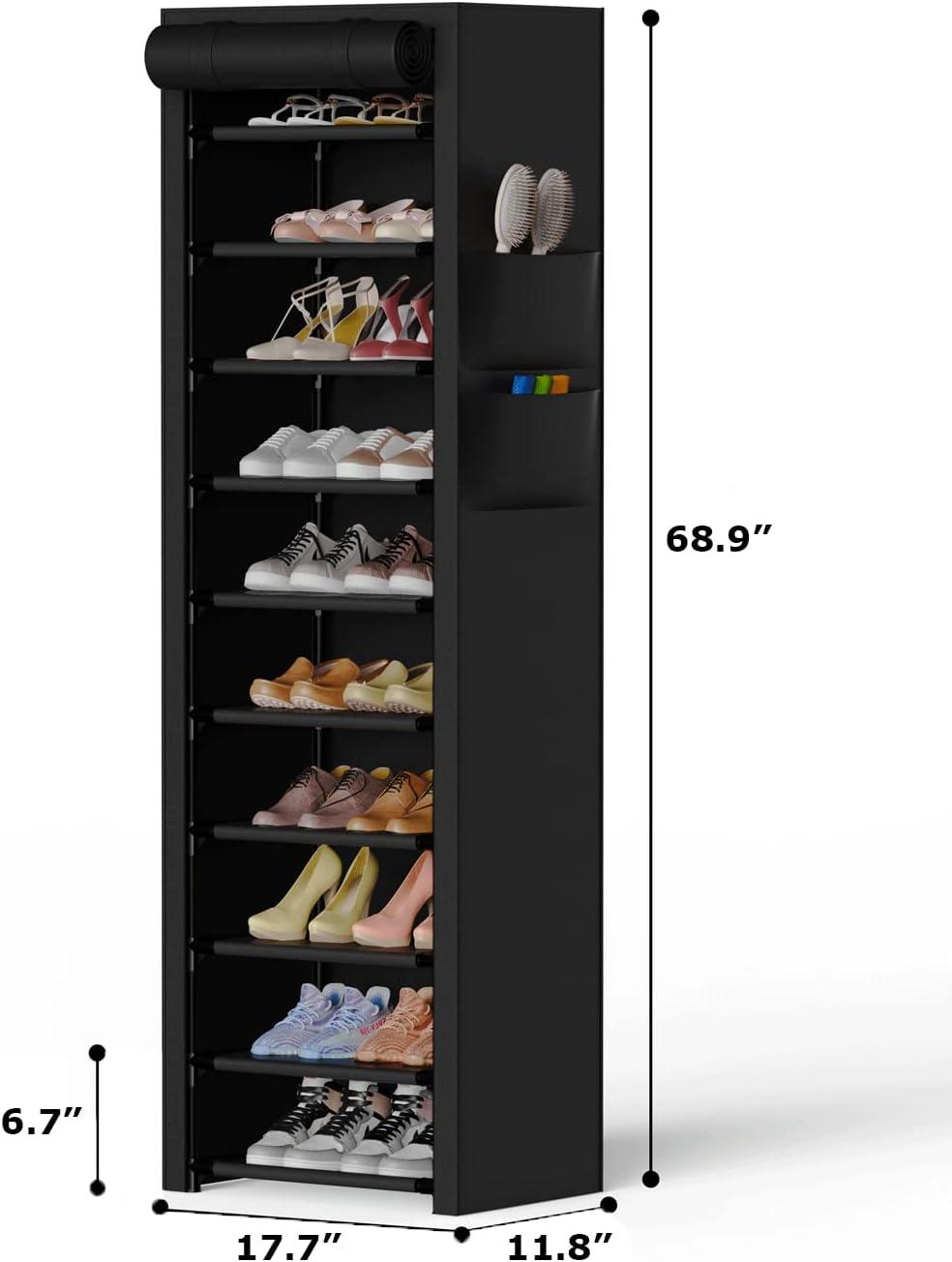 Vertical Narrow Shoe Rack Organizer Tall Shoe Rack for Closet Entryway 10 Tier Non-Woven Cover Shoe Shelf Holds 20-22 Pairs Fr