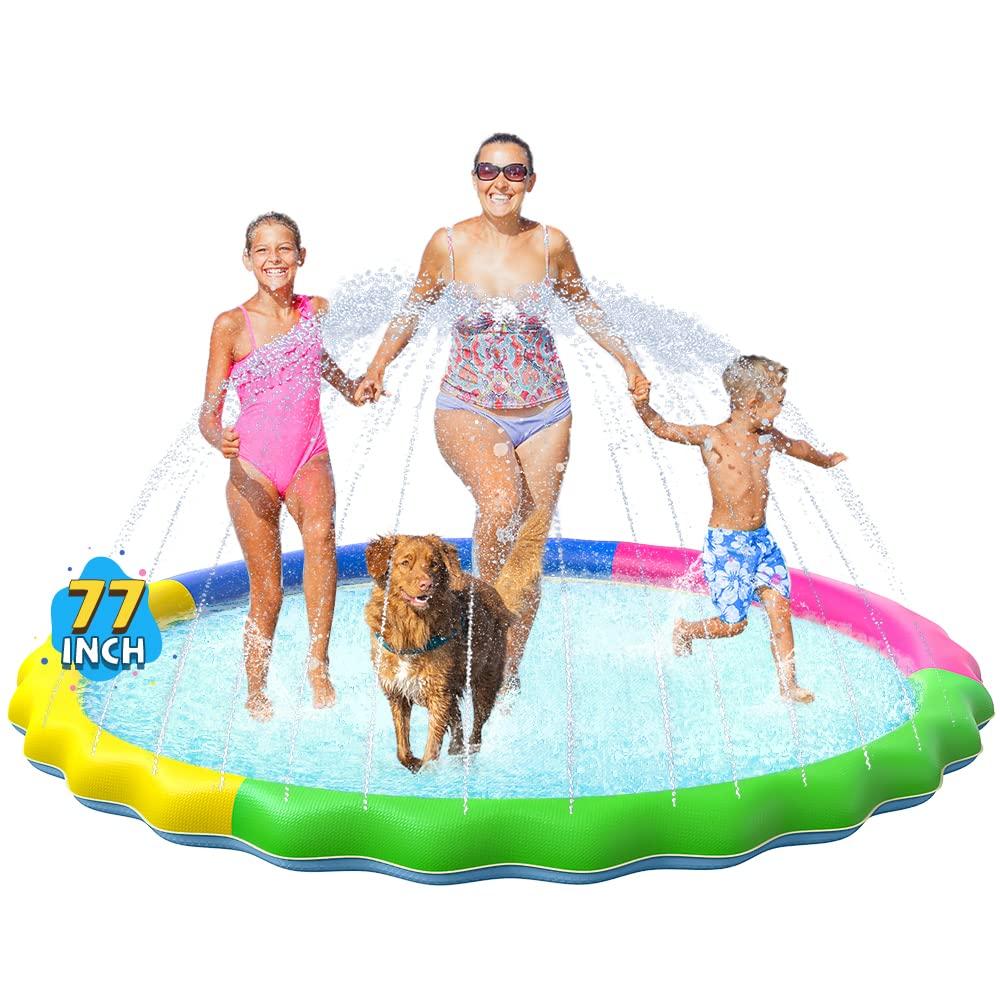 VISTOP Non-Slip Splash Pad for Kids, Thicken Sprinkler Pool Summer Outdoor Water Toys - Fun Backyard Fountain Play Mat for Baby Girls Boys Children or Pet Dog (77 inch, Red&Yellow&Green&Blue)