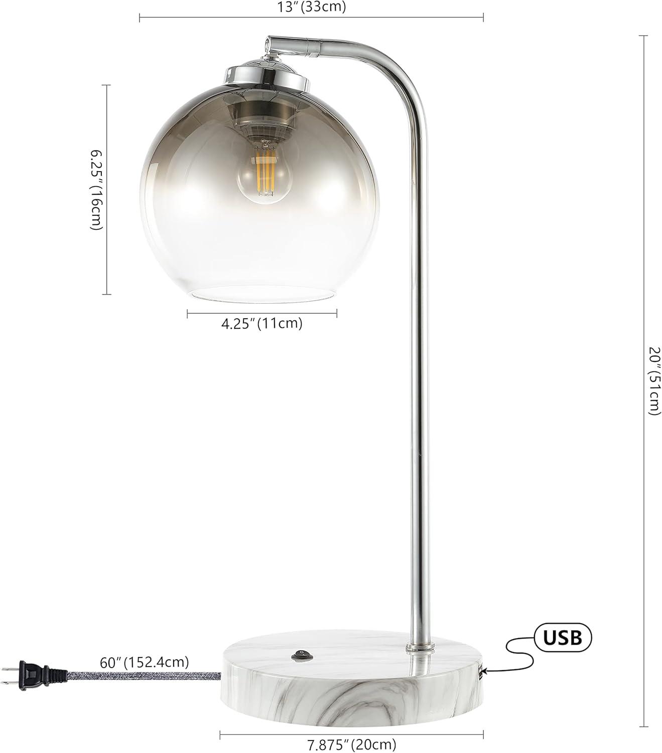 Ada 20" Industrial Contemporary Iron/Glass LED Task Lamp with USB Charging Port, Chrome/Smoke Gray