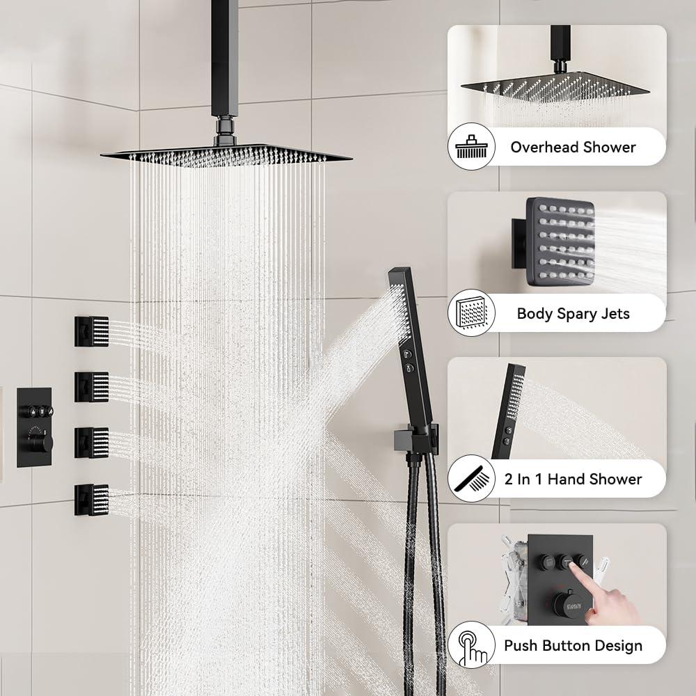 Revitalize 3-Function 12 Inch Wall Mount Rainfall Thermostatic Shower System with 6 Body Jets