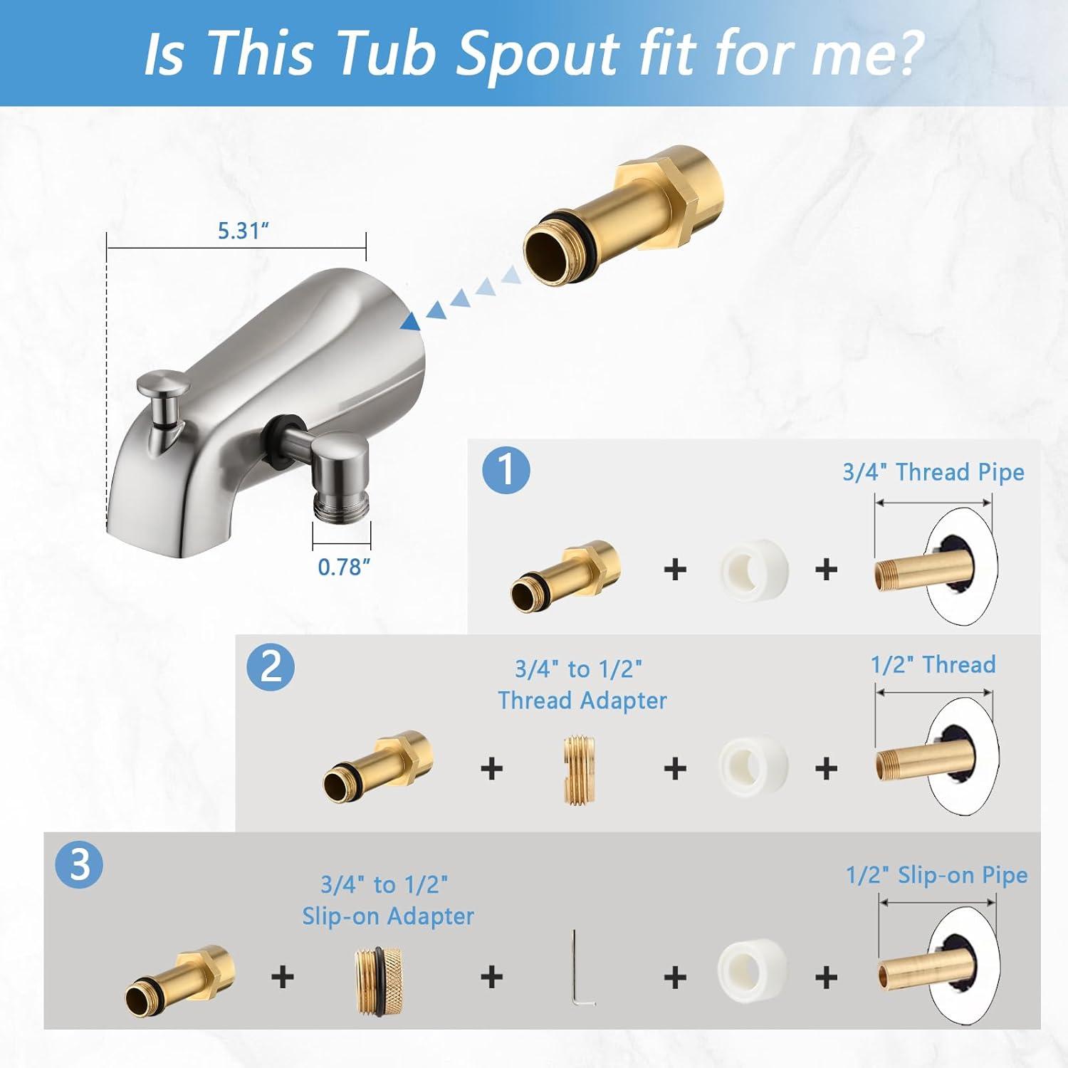 All Metal Tub Spout with Diverter Brushed Nickel, Fits 1/2” or 3/4" Threaded Pipes, Bathtub Faucet with Shower Diverter for Convenient Water Control