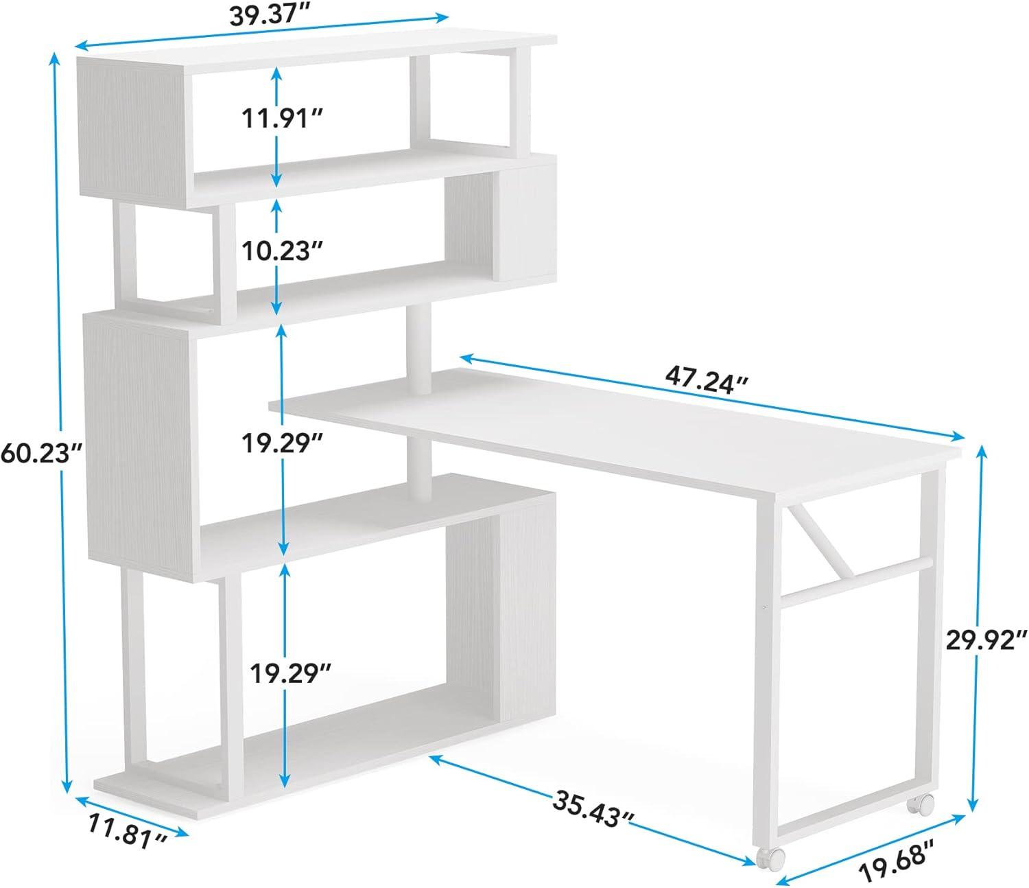 Tribesigns Rotating Computer Desk with 5 Shelves Bookshelf, Modern L-Shaped Corner Desk with Storage, Reversible Office Desk Study Table Writing Desk on Wheels for Home Office