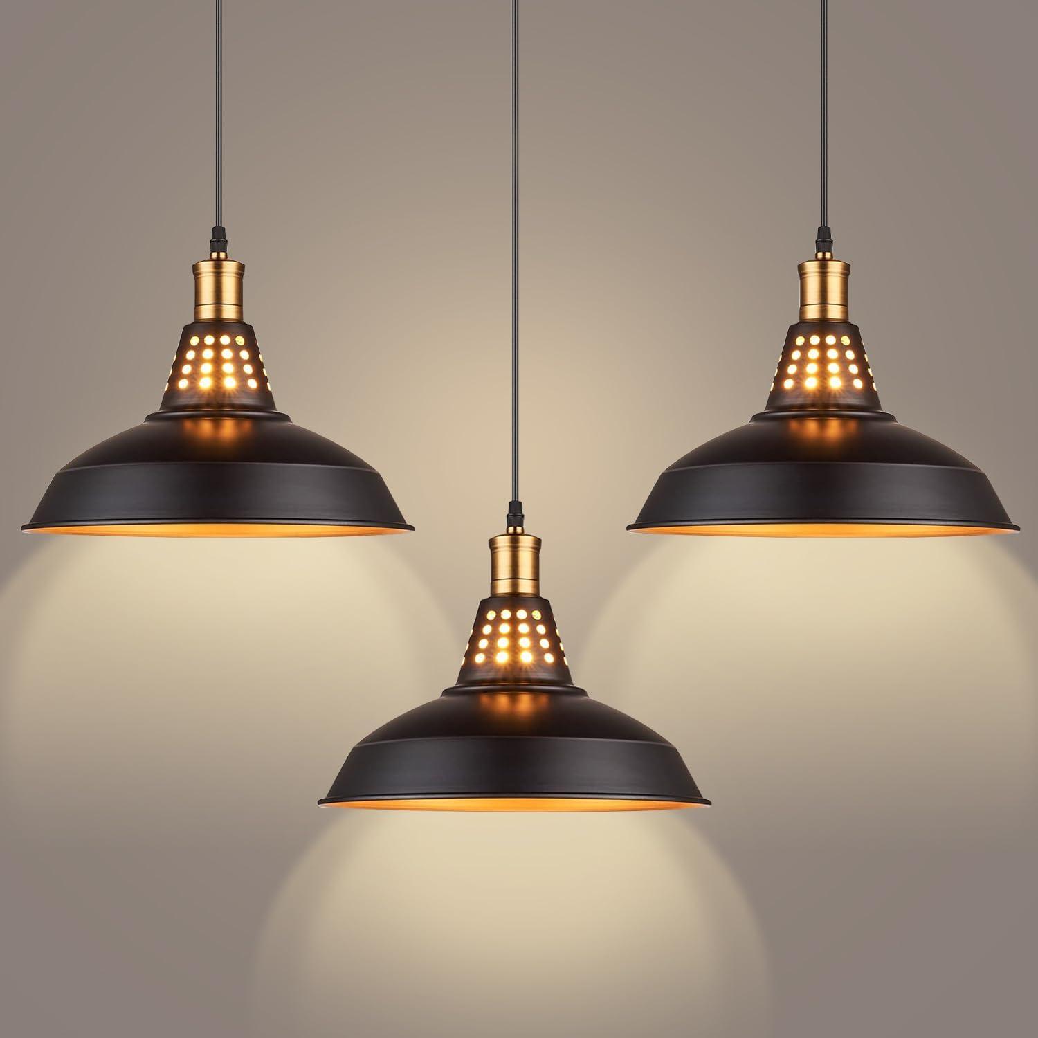 Matte Black and Gold Farmhouse Pendant Lights, 12 Inch Vintage Industrial Barn Fixtures