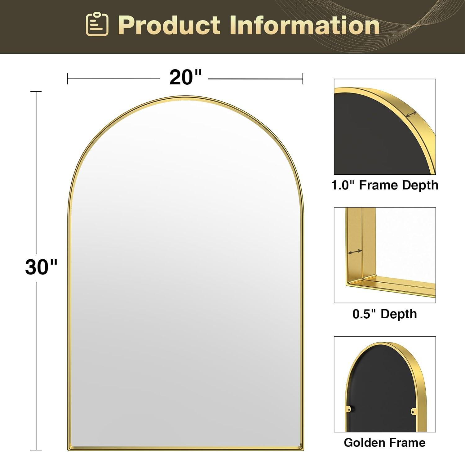 Arch Bathroom Mirror, 20x30 inch Arched Bathroom Mirror/Wall Mounted Vanity Mirror - Arch Metal Frame Wall Mirror for Bathroom Bedroom Living Room, Gold
