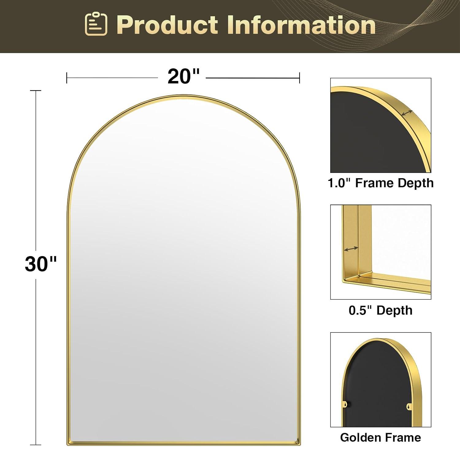 Arch Bathroom Mirror, 20x30 inch Arched Bathroom Mirror/Wall Mounted Vanity Mirror - Arch Metal Frame Wall Mirror for Bathroom Bedroom Living Room, Gold