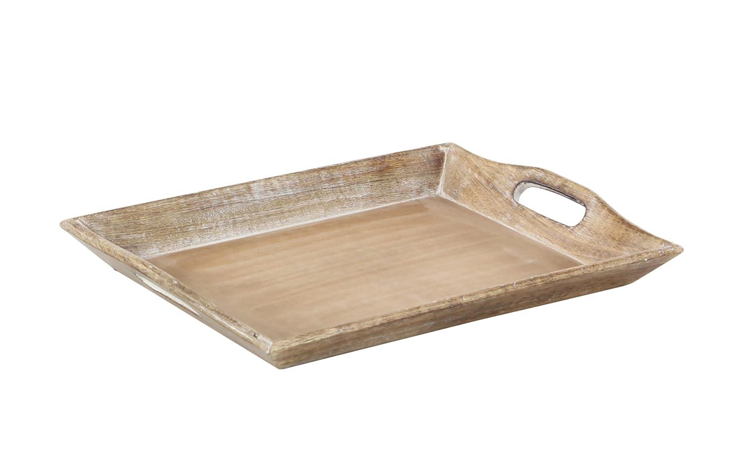 Olivia & May Set of 2 Traditional Whitewashed Natural Mango Wood Serving Trays Brown: Ottoman Style, with Handles
