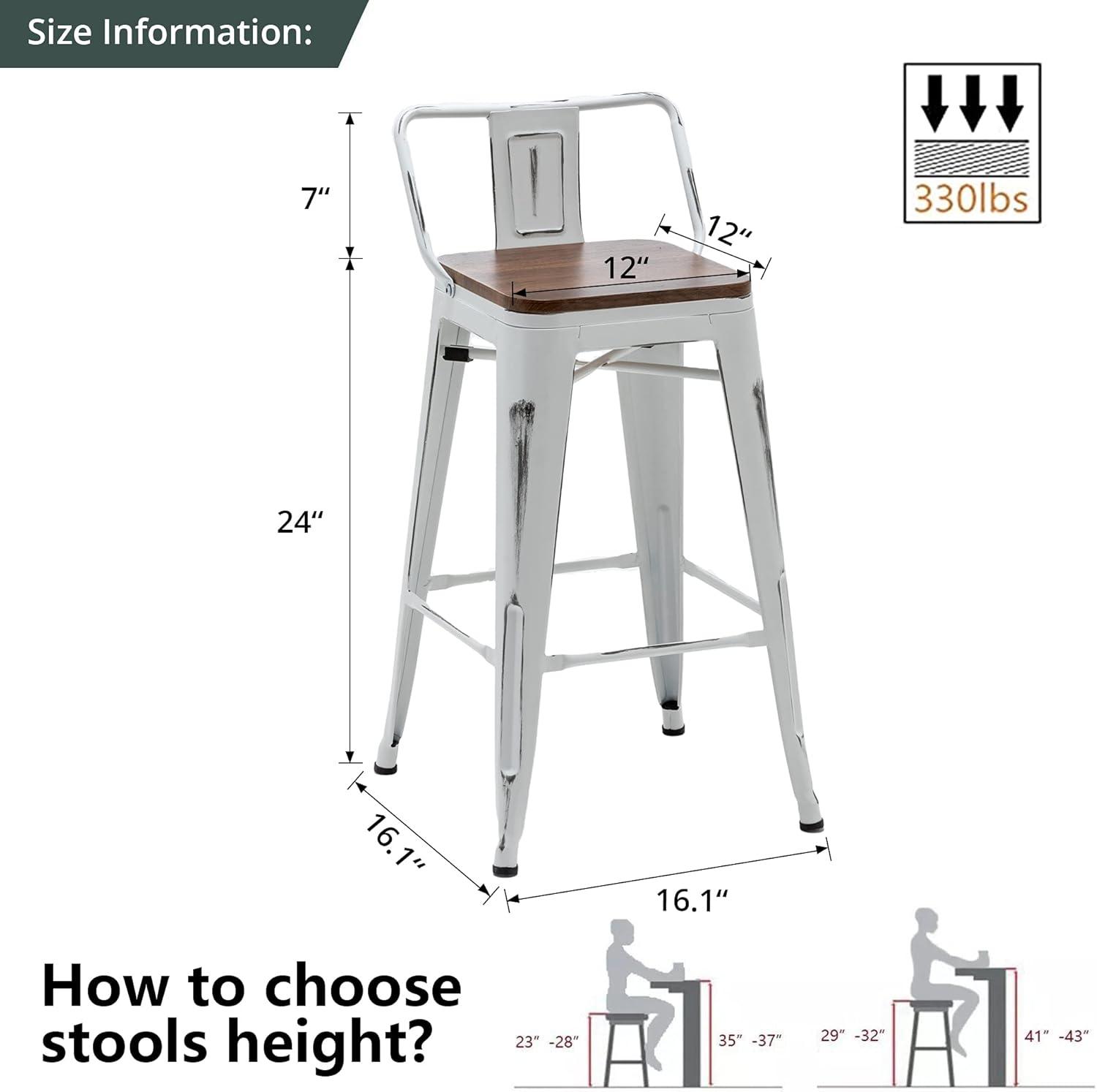 Set of 4 White Metal Bar Stools with Wooden Seats