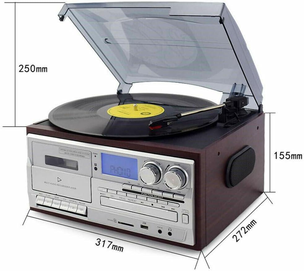 Record Player 9 in 1 3 Speed Bluetooth Vintage Turntable CD Cassette Vinyl Player AM/FM Radio USB/SD Encoding Aux-in RCA Line-Out (Silver)
