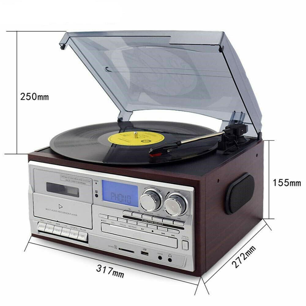 Record Player 9 in 1 3 Speed Bluetooth Vintage Turntable CD Cassette Vinyl Player AM/FM Radio USB/SD Encoding Aux-in RCA Line-Out (Silver)