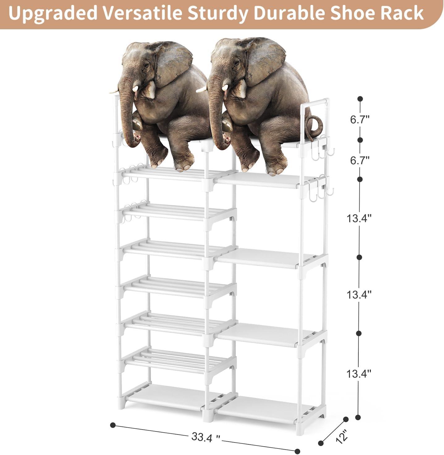 White Stackable 8-Tier Plastic Shoe Rack with Hooks