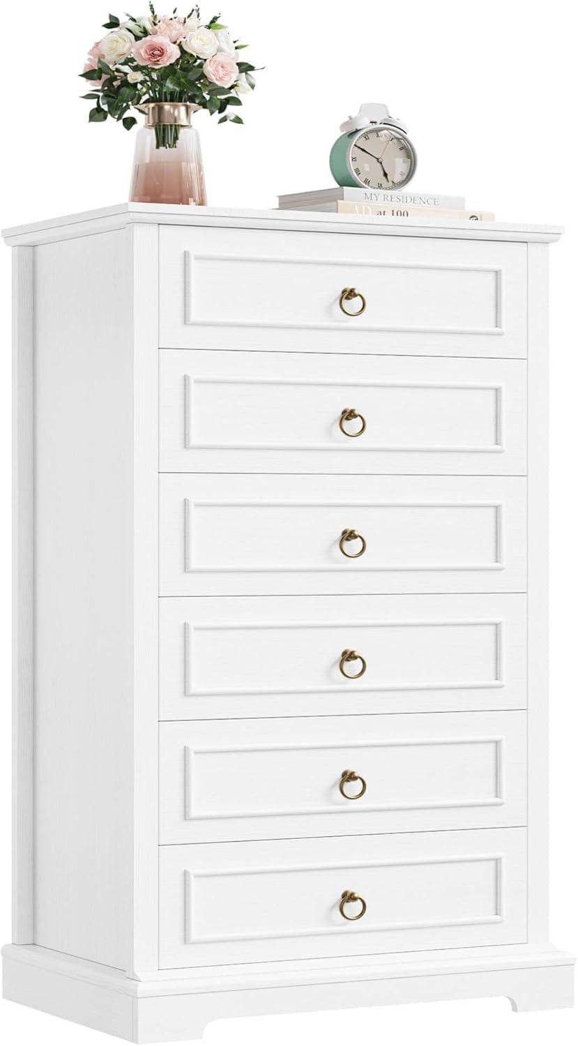 6 Drawer Dresser, 52" Tall Chest of Drawers, Modern Farmhouse Storage Dressers Organizer for Living Room, Hallway, Entryway, Home Office, White