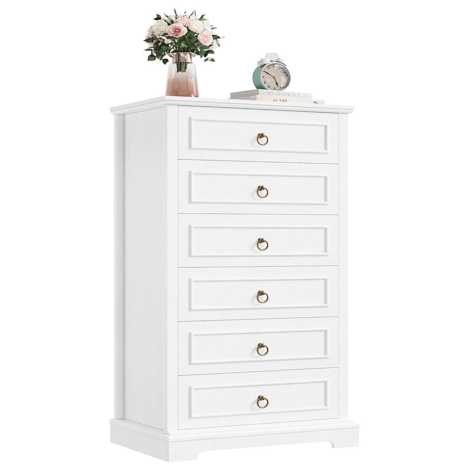 6 Drawer Dresser, 52" Tall Chest of Drawers, Modern Farmhouse Storage Dressers Organizer for Living Room, Hallway, Entryway, Home Office, White