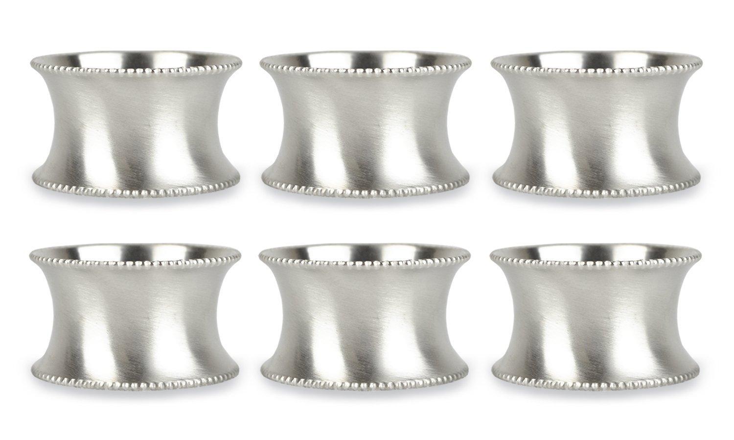 DII Metallic Silver Napkin Ring Set 6 Piece, Beaded Edge