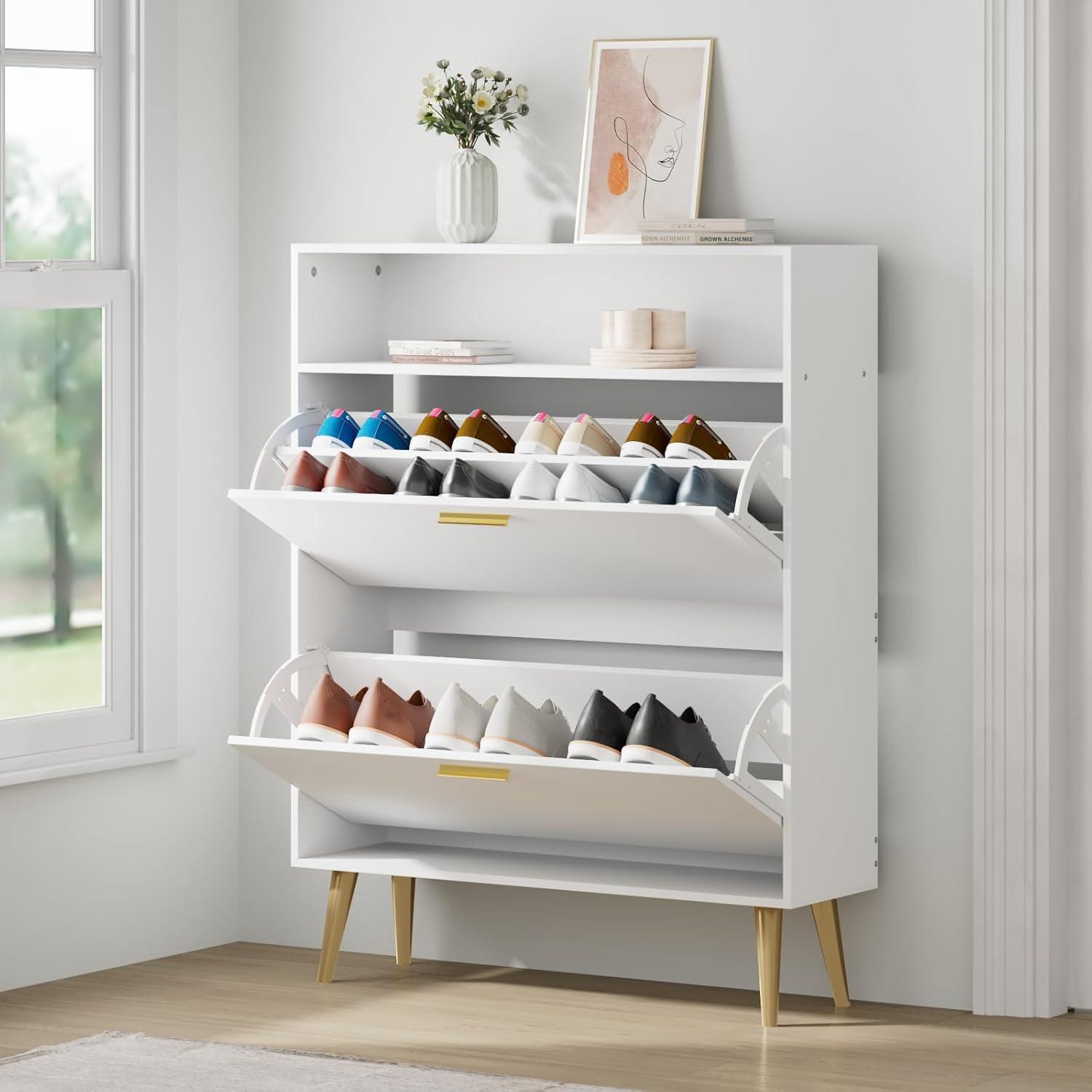 Shoe Cabinet Storage for Entryway  Freestanding Slim Shoe Organizer Cabinet with 2 Flip Drawers  Narrow Shoe Rack with Open Shelves for Hallway  Living Room  White