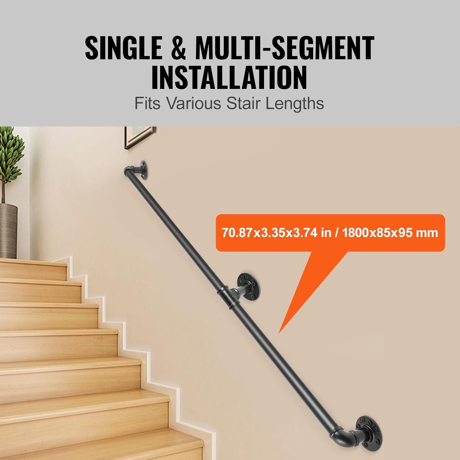 6 ft. Pipe Stair Handrail 440 lbs. Load Capacity Wall Mounted Handrail Round Corner Handrails for Outdoor Steps in Black
