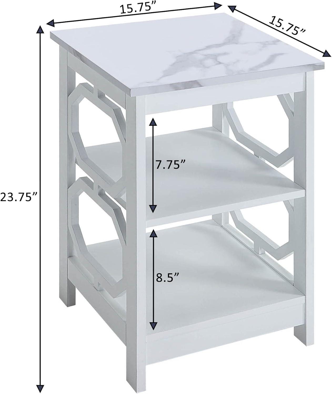 Convenience Concepts Omega End Table with Shelves, White Faux Marble/White