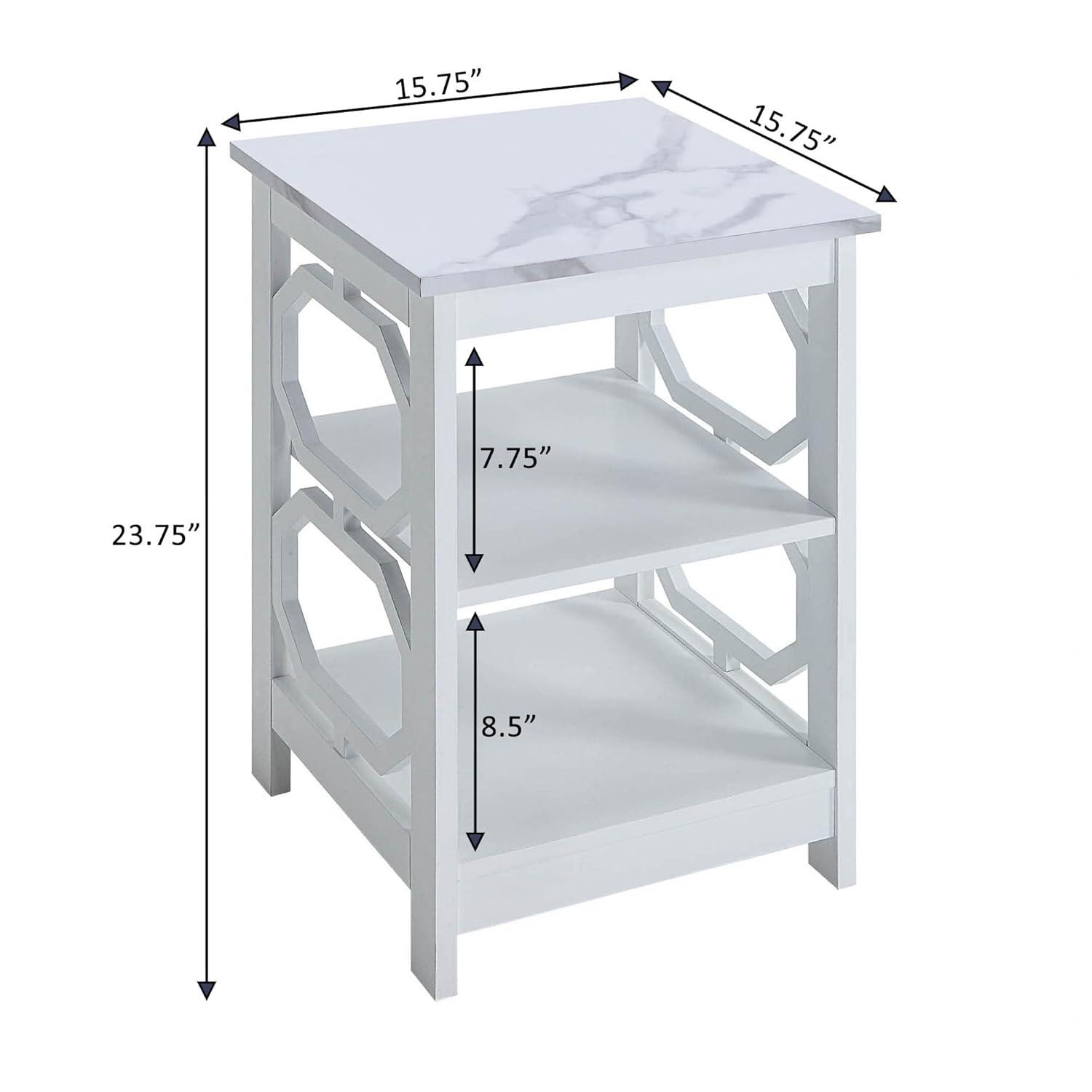 Convenience Concepts Omega End Table with Shelves, White Faux Marble/White