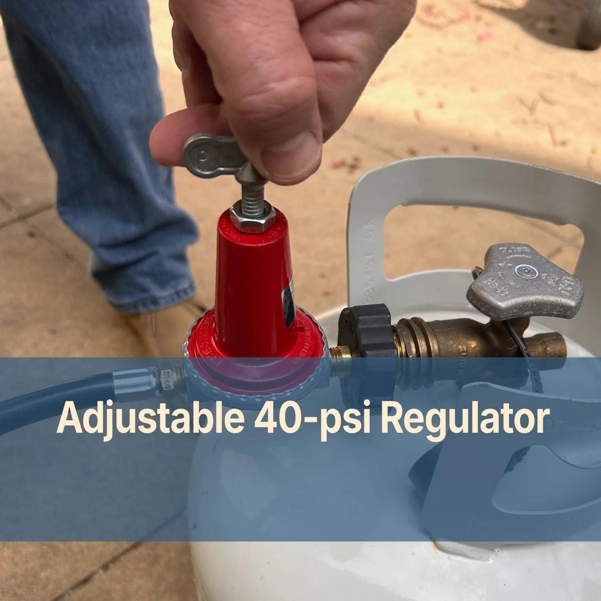 LaYelxt 5HPR-40 0-40-psi Adjustable Regulator w/ -in Thermoplastic Hose Features Soft Nosed POL 3/8-in Flare Swivel Fitting Designed For LaYelxt Single & Double Jet Cookers