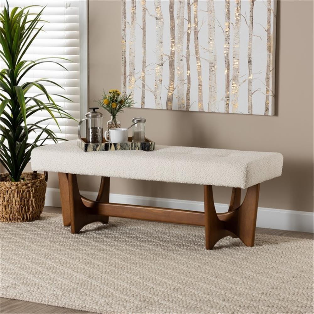 Cream Boucle Fabric and Walnut Wood Bench with Button-Tufted Seat