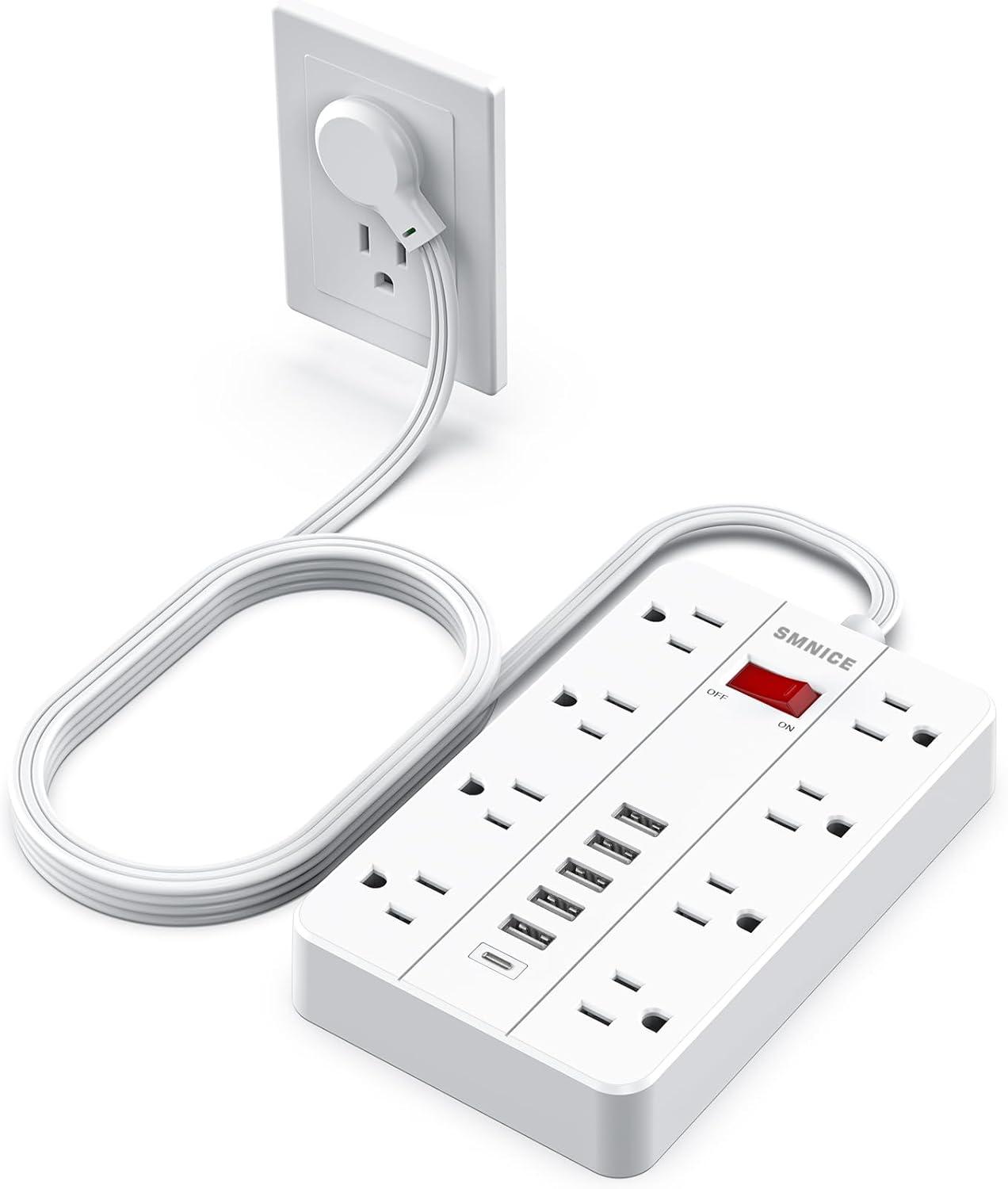 White 5 ft Power Strip with 8 Outlets and 6 USB Ports