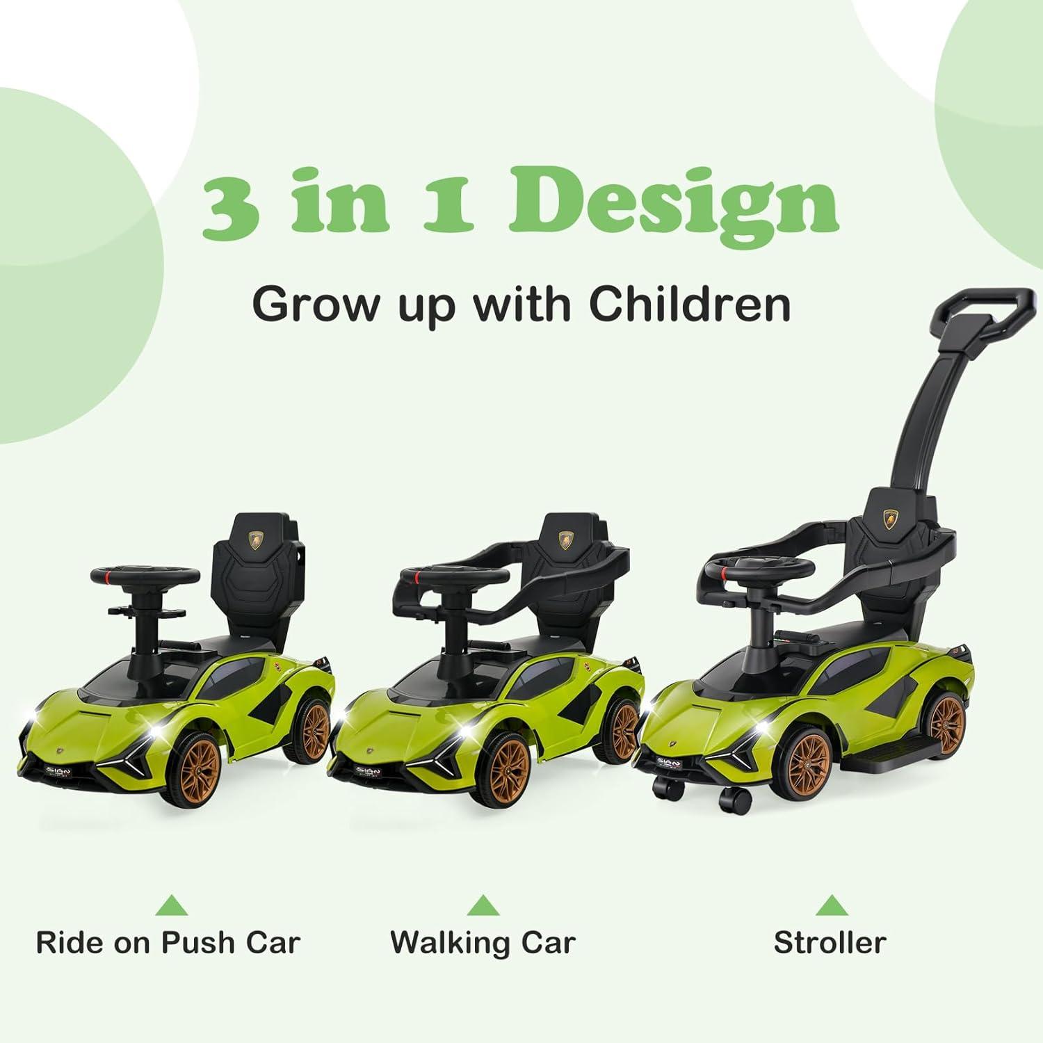 Green Lamborghini 3-in-1 Push Car Stroller with Storage