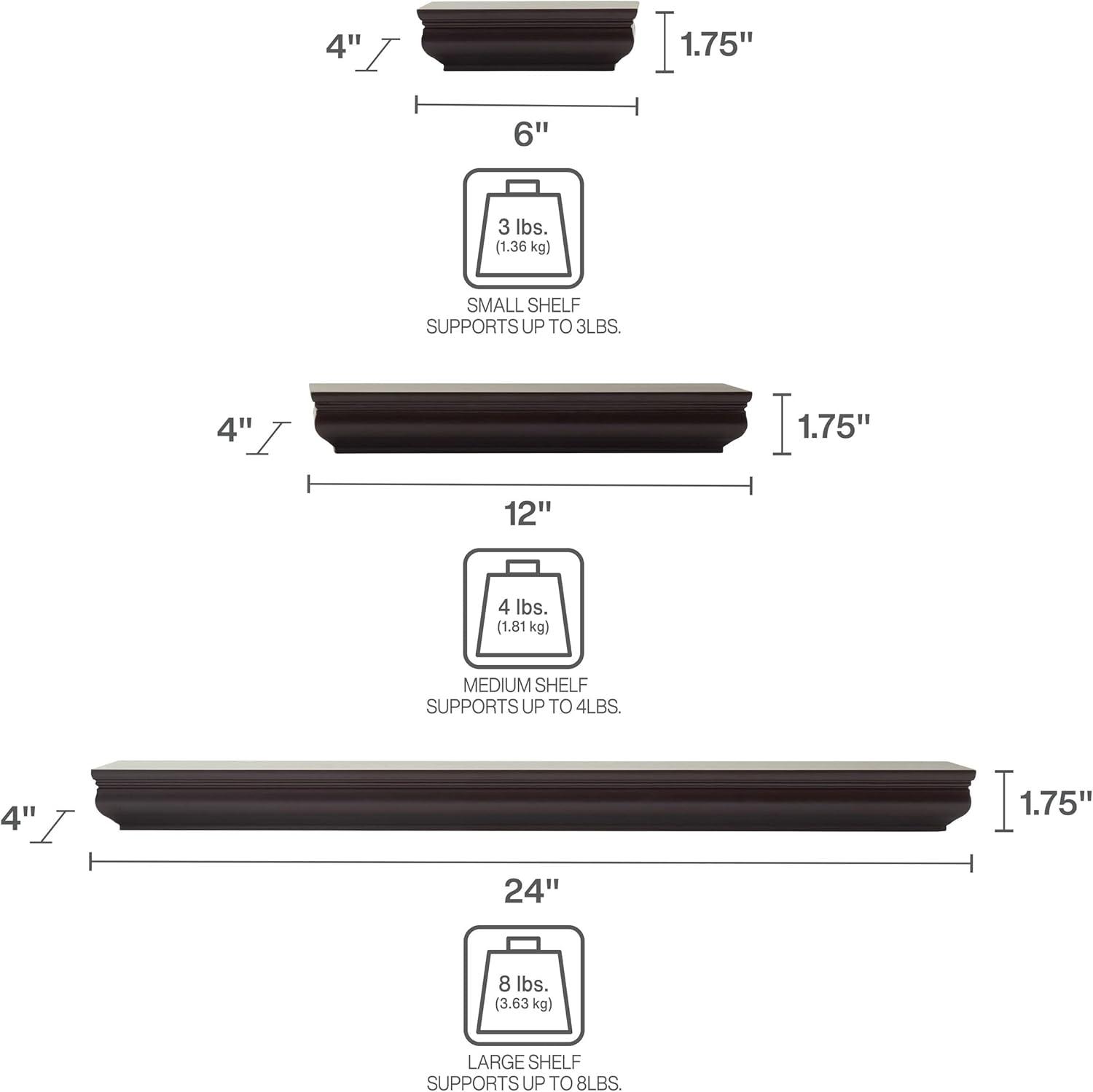 Melannco Set of 5 2-6 2-12 1-24-inch Wood Shelves in Espresso