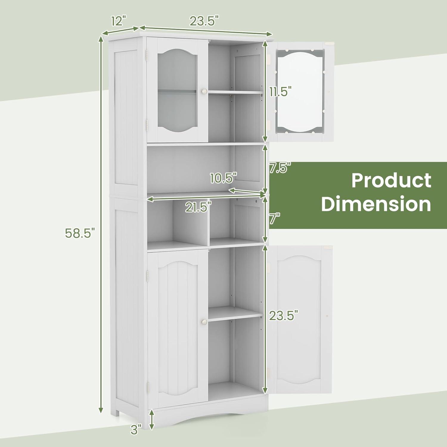 White Tall Freestanding Cabinet with Frosted Glass Doors and Adjustable Shelves