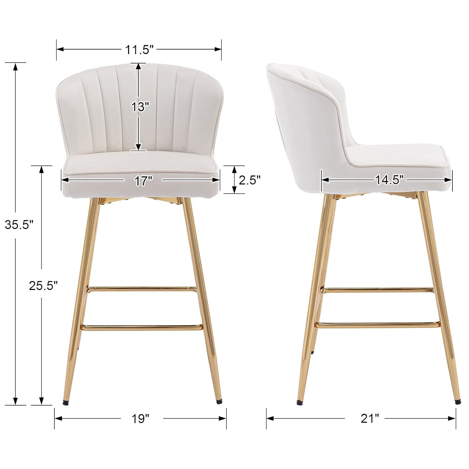Counter Height Stools Set of 2, Velvet Bar Stools with 27 Inches Upholstered Seat Height, Handmade Woven Back Armrest, Sturdy Golden Metal Legs for Home Dining Pub Kitchen Island, Beige