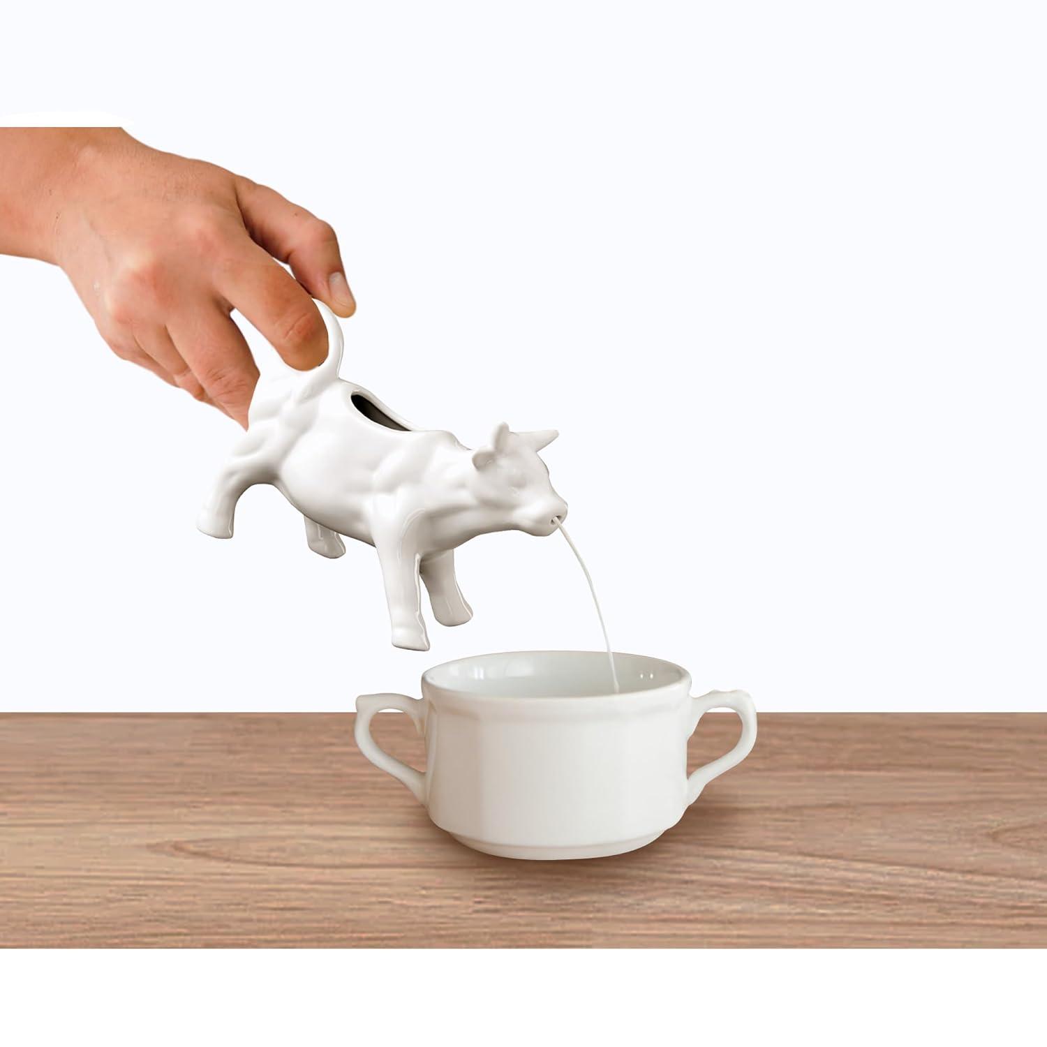 White Porcelain Cow Milk Creamer with Handle, 6-Ounce