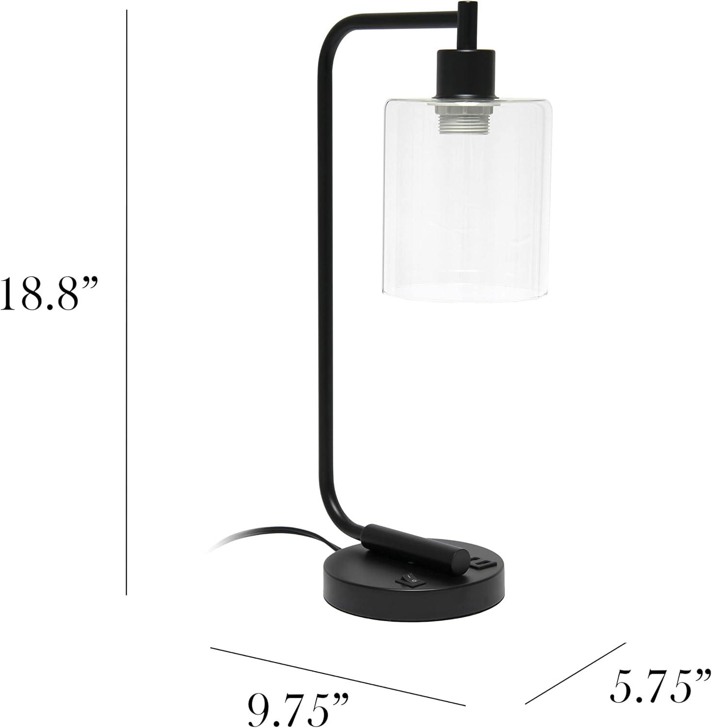 Simple Designs 18.8" Industrial Lantern Desk Lamp w/ USB Port, Black, w/ LED Bulb Included