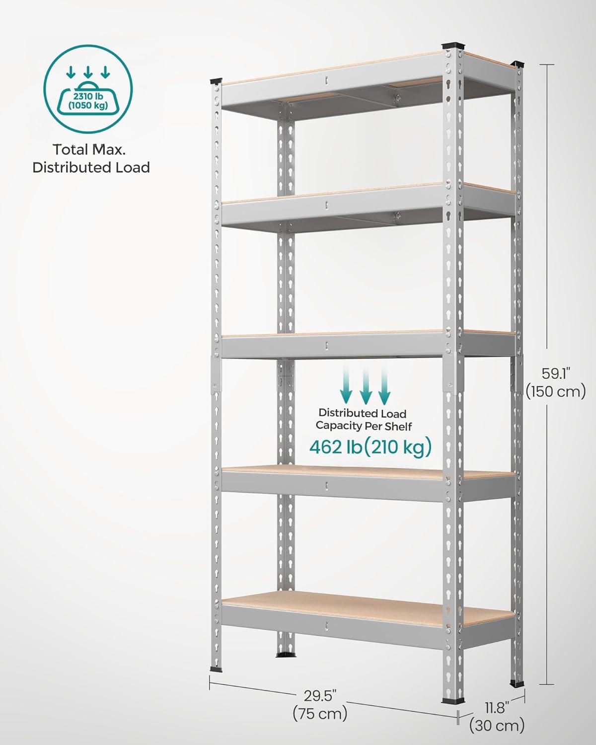 SONGMICS 5-Tier Storage Shelves Metal Garage Storage Boltless Assembly Adjustable Shelving Unit 11.8 x 29.5 x 59.1 inches Load 1929 lb for Shed Warehouse Basement Kitchen Silver