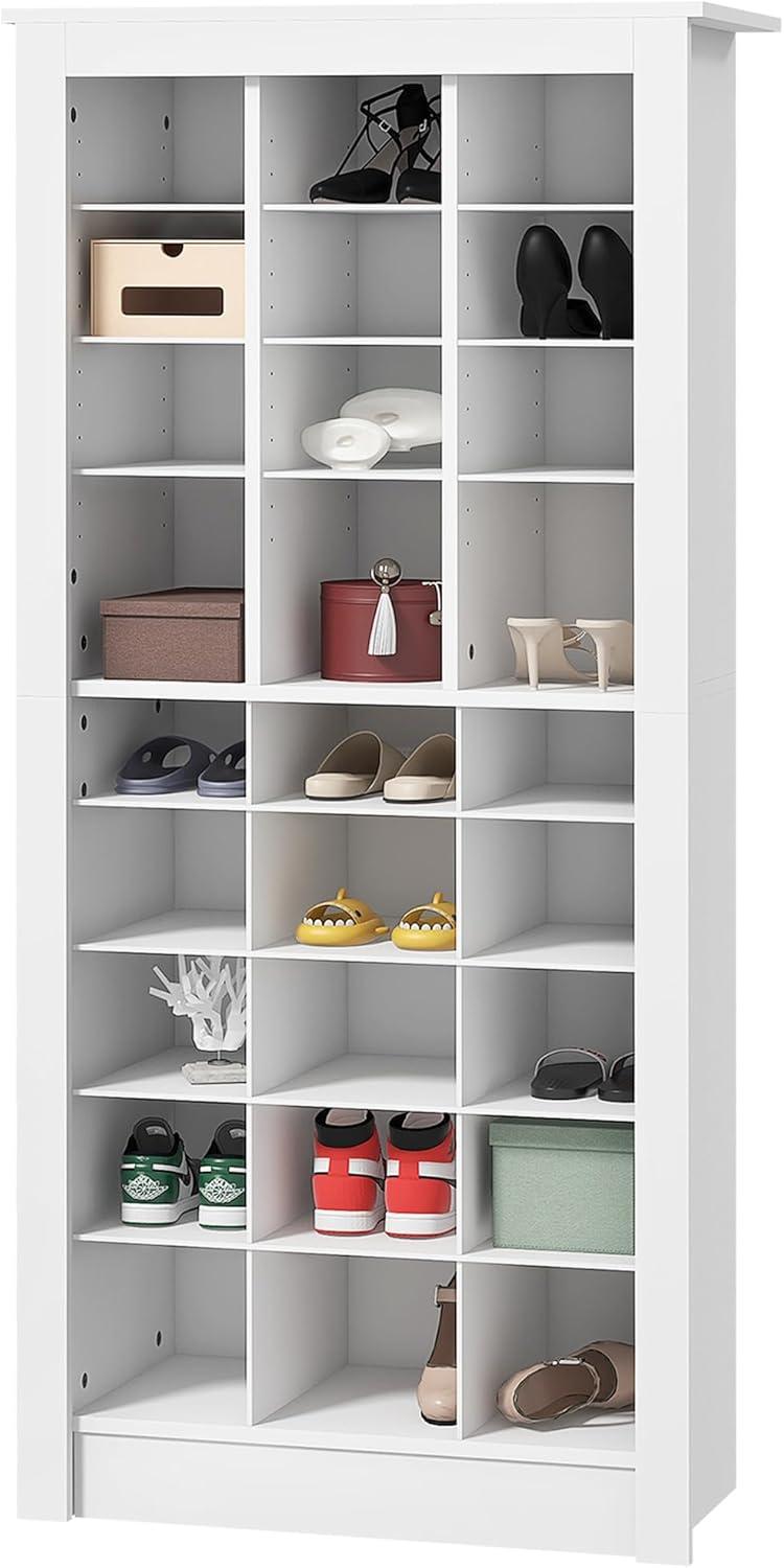 58" Tall Shoe Cabinet For Entryway, Narrow Shoe Rack Storage Organizer With Open Cubes And Adjustable Shelves For 27 Pairs Of Shoes, White