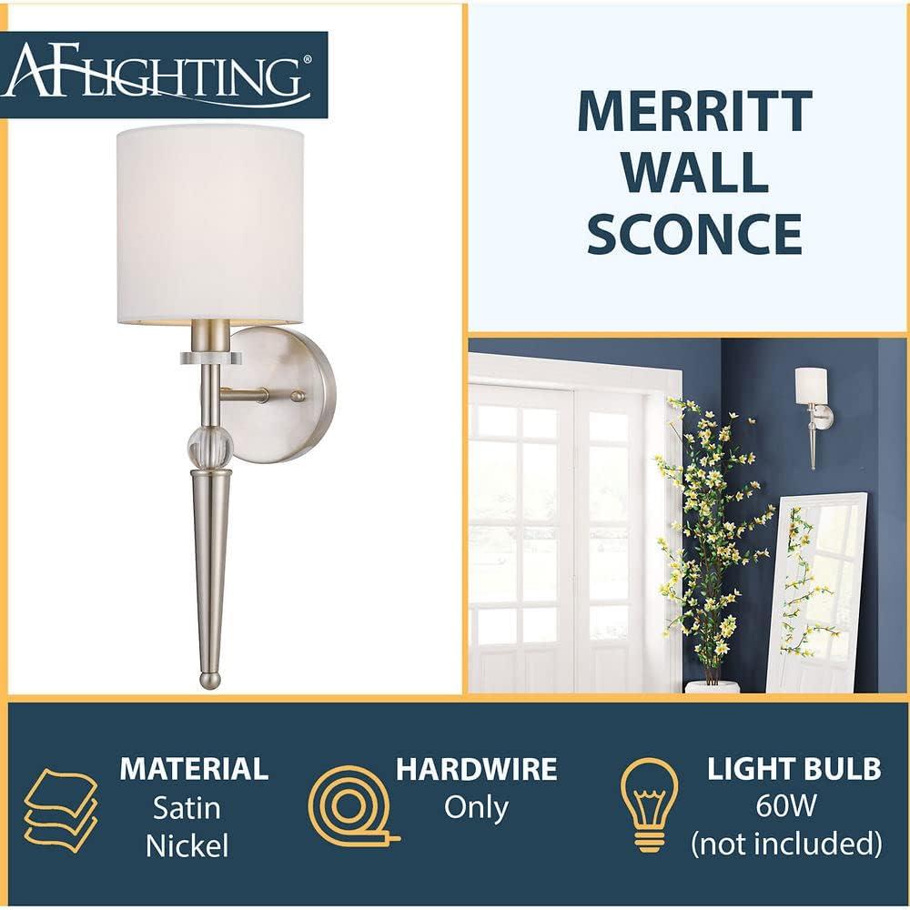 AF Lighting Elements Merritt Modern Satin Nickel Wall Sconce | Round Ivory Shade | Two Crystal Ornament Accents | 1-60W Candle Bulb, 9143-1W