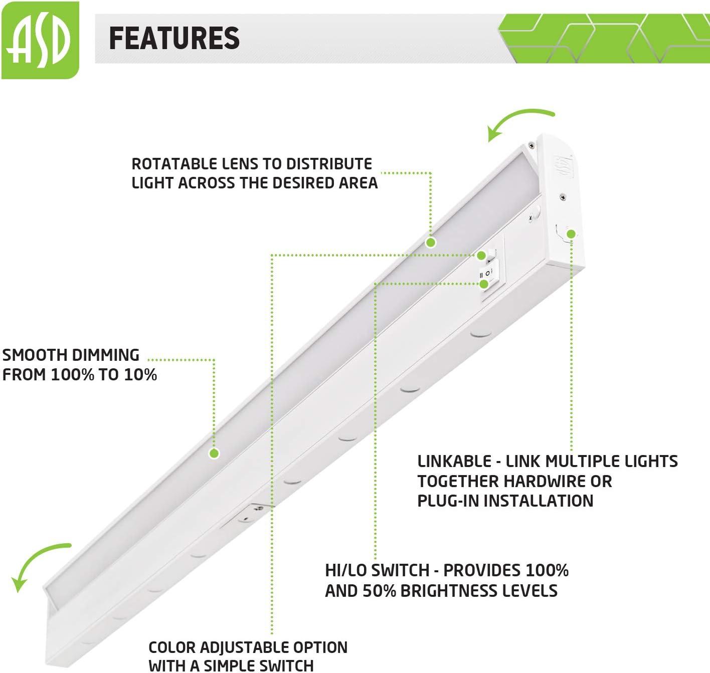 ASD Swivel LED Under Cabinet Lighting, 40 Inch 20W, Hardwired or Plug-in, 2700K/3000K/4000K Selectable, Rotatable Lens, Dimmable Linkable Under Counter Light for Kitchen, ETL & Energy Star