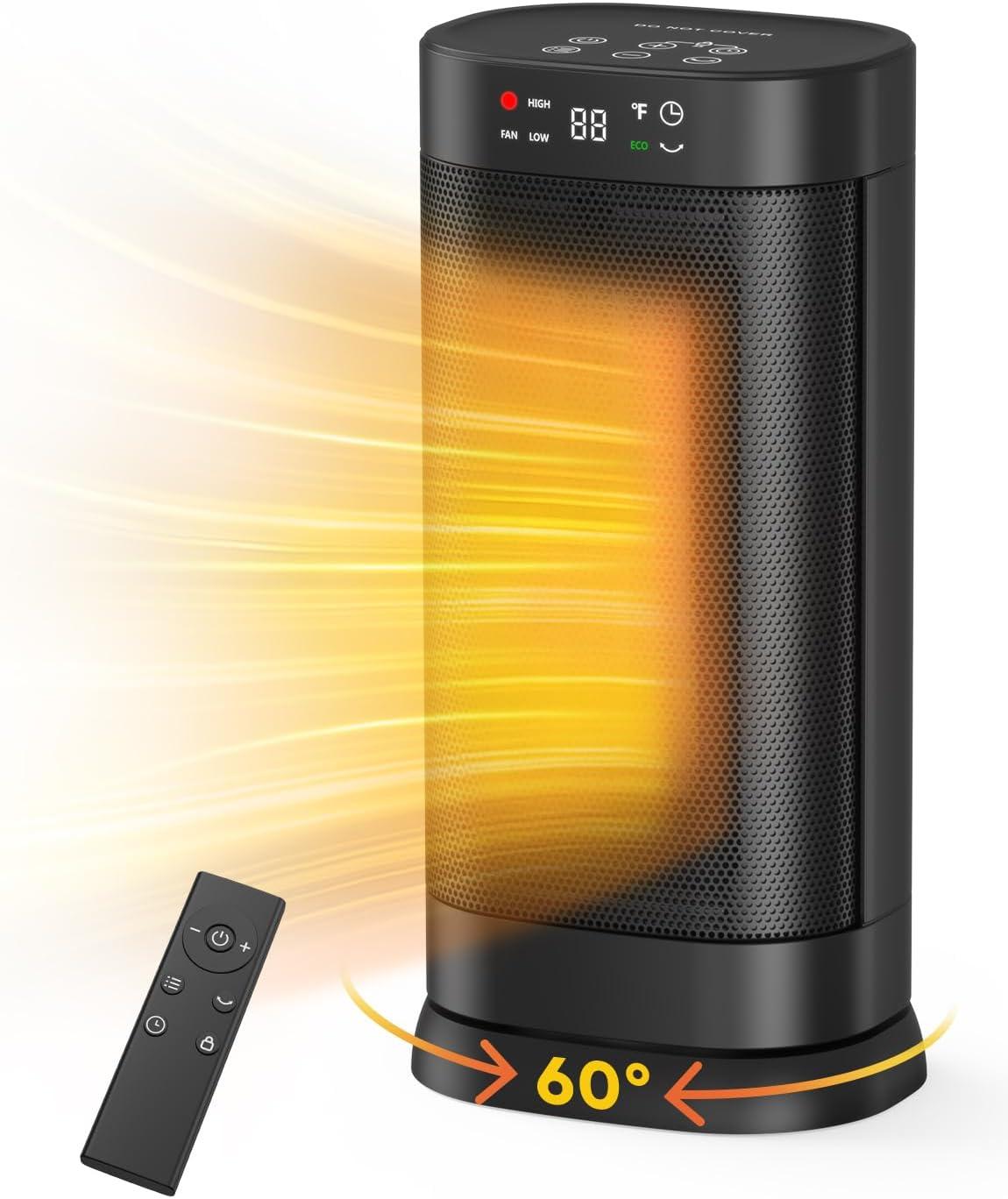 Compact Black Ceramic Electric Heater with Thermostat and Remote