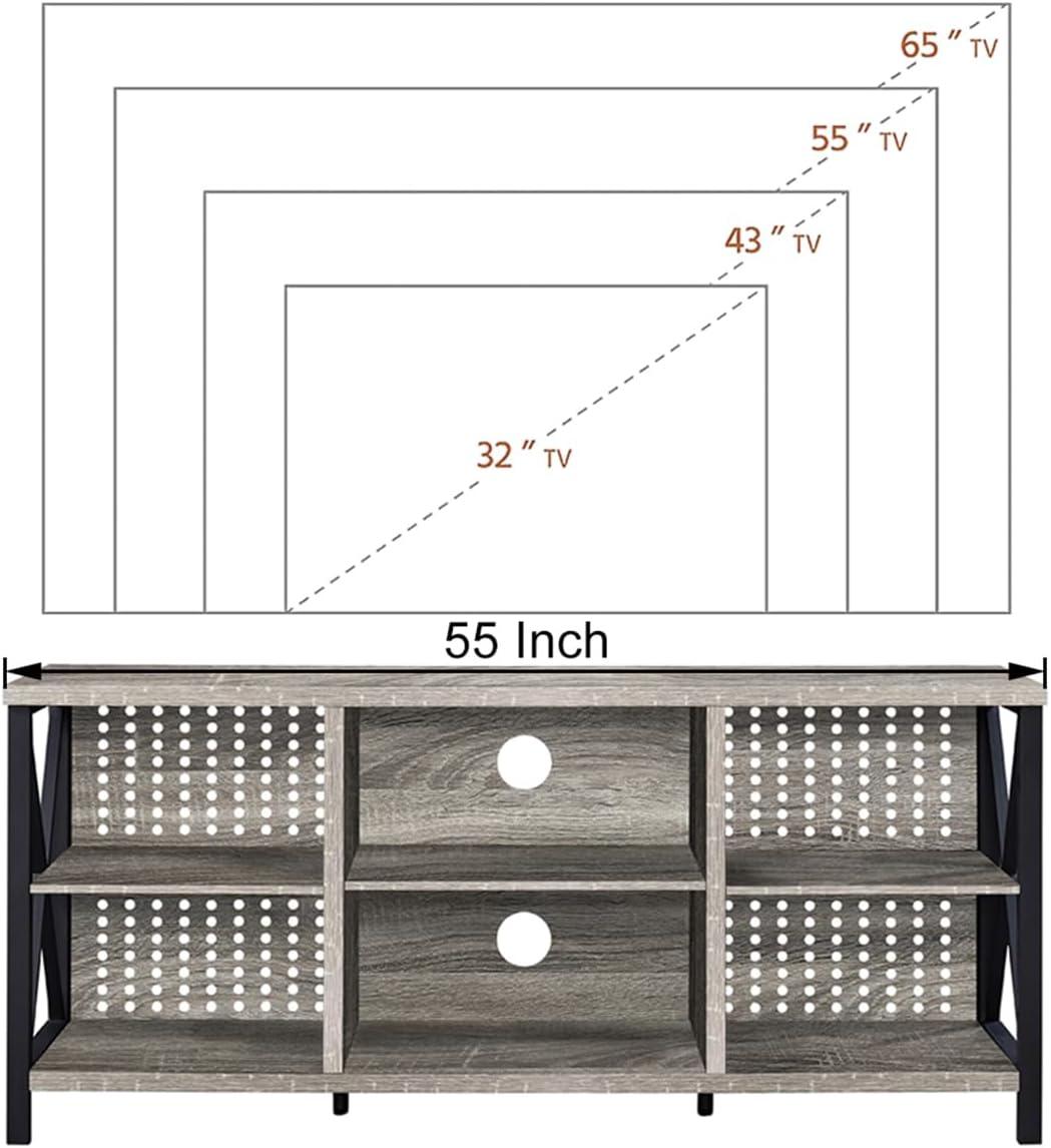 LVB Rustic Entertainment Center for 65 Inch TV, Industrial Wood TV Stand with Media Cabinet Storage, Farmhouse Metal Television Stands Console Table for Home Living Bedroom, Light Grey Oak, 55 Inch