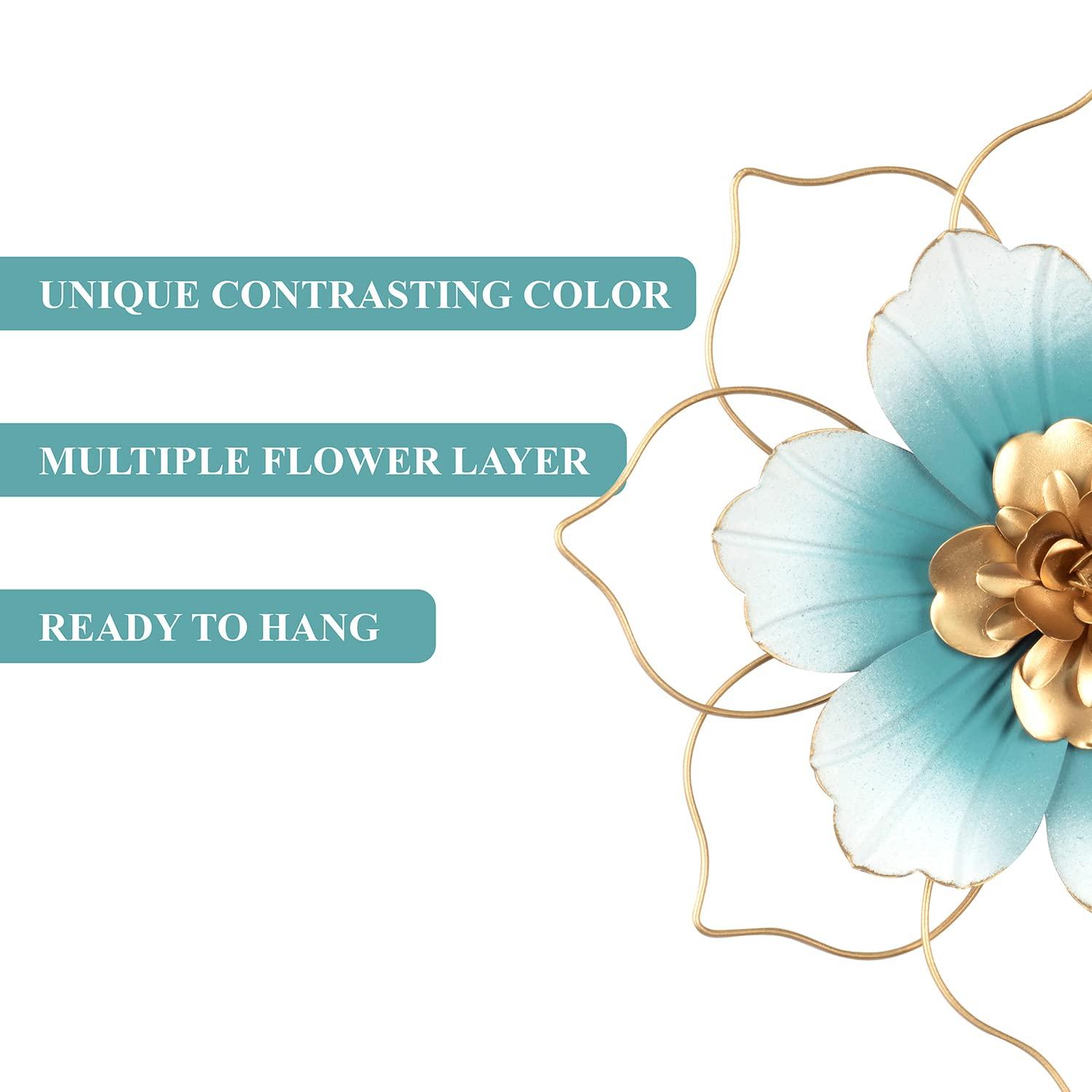 Reflinto Metal Flower Wall Decor, Modern Iron Floral Wall Art Sculpture Farmhouse Hanging Decoration for Home Living Room, Bathroom, Kitchen, indoor, Patio Porch - Blue, 9.5"…