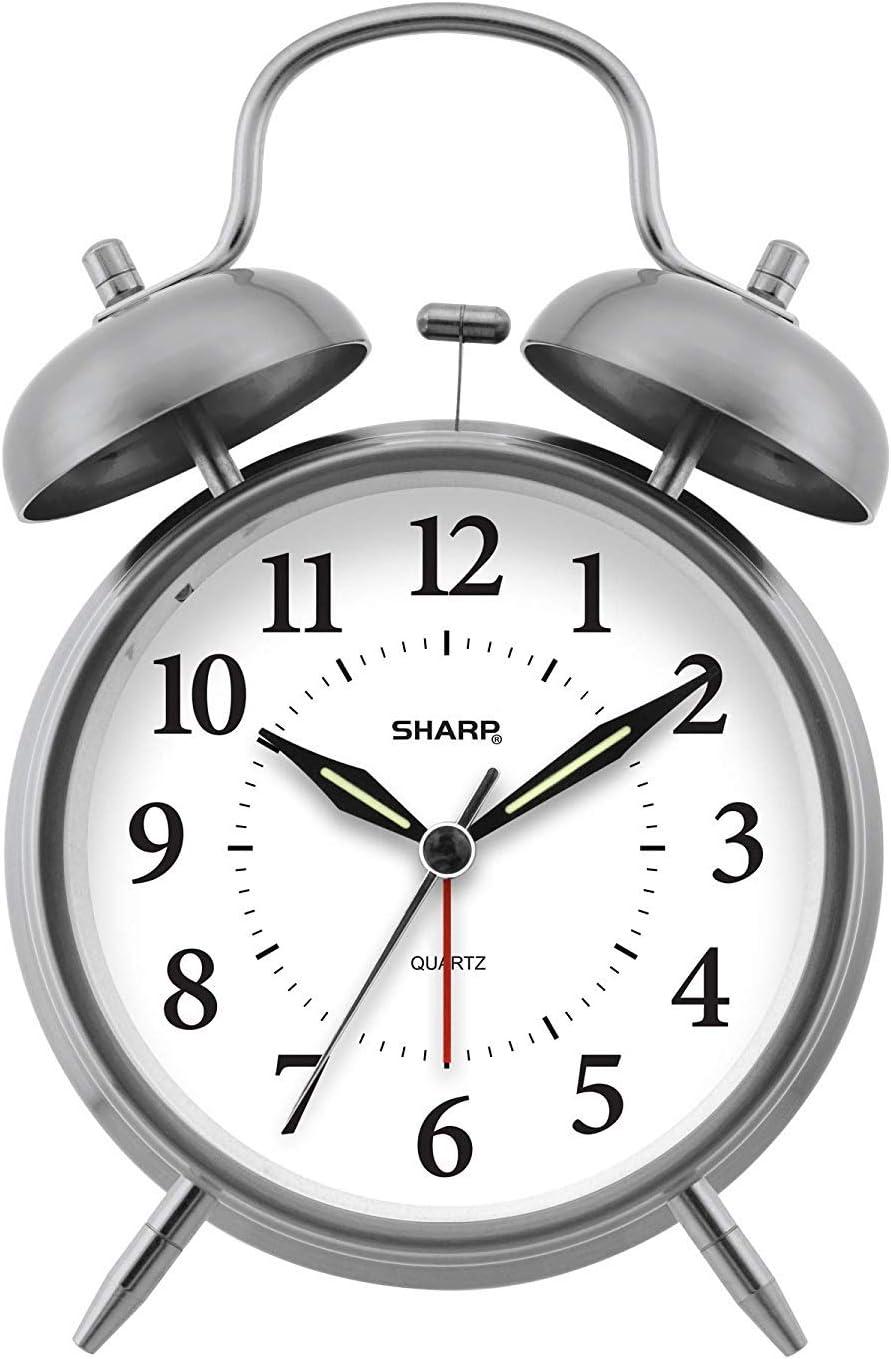 SHARP Twin Bell Quartz Analog Alarm Clock, Silver Brushed Metal, Loud Alarm, Battery Operated