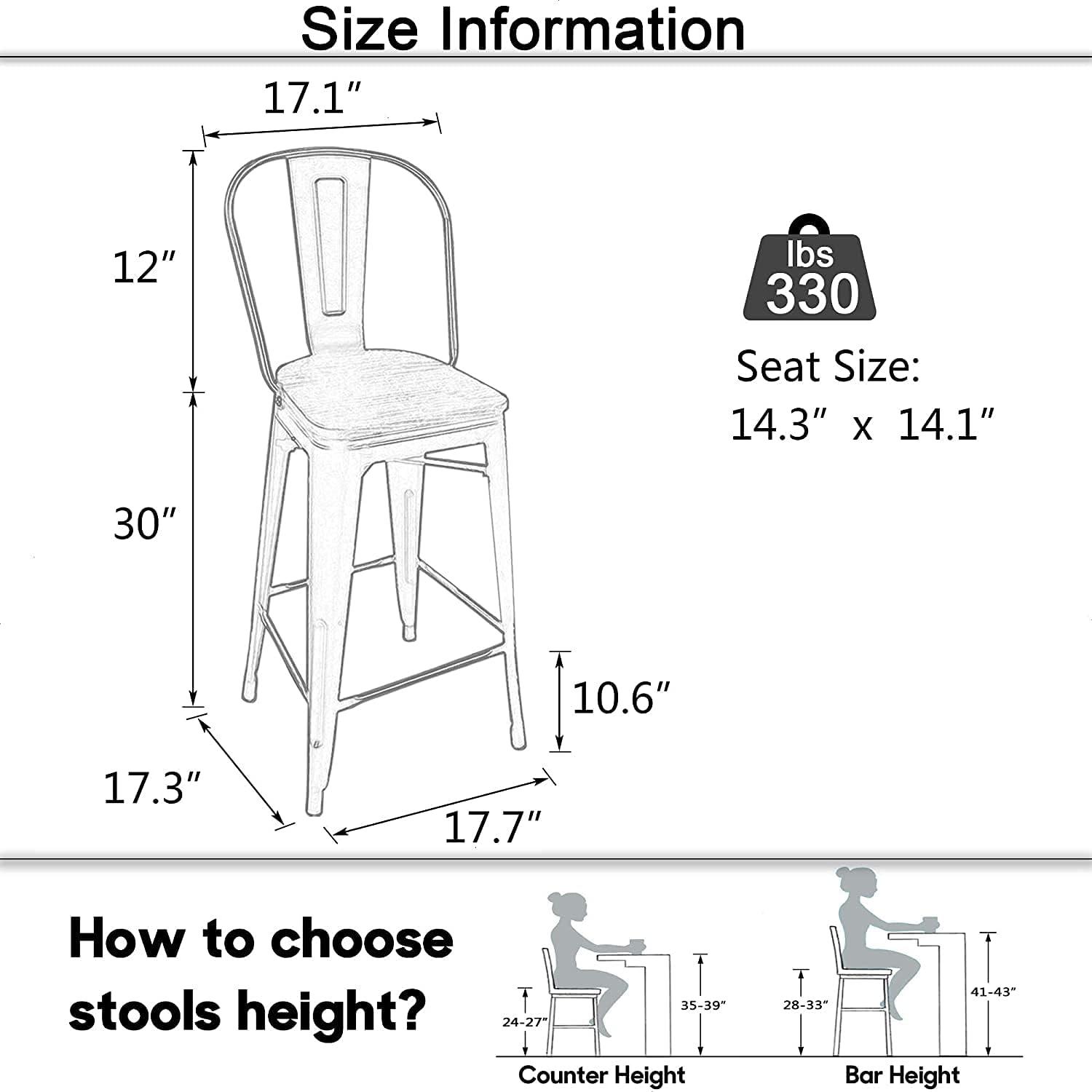 Bar Stools Set of 4 Metal Bar Stool Counter Height Bar Stools White, Modern Bar Chairs with Back and Wooden Platform 30" Bar Stools Counter Height