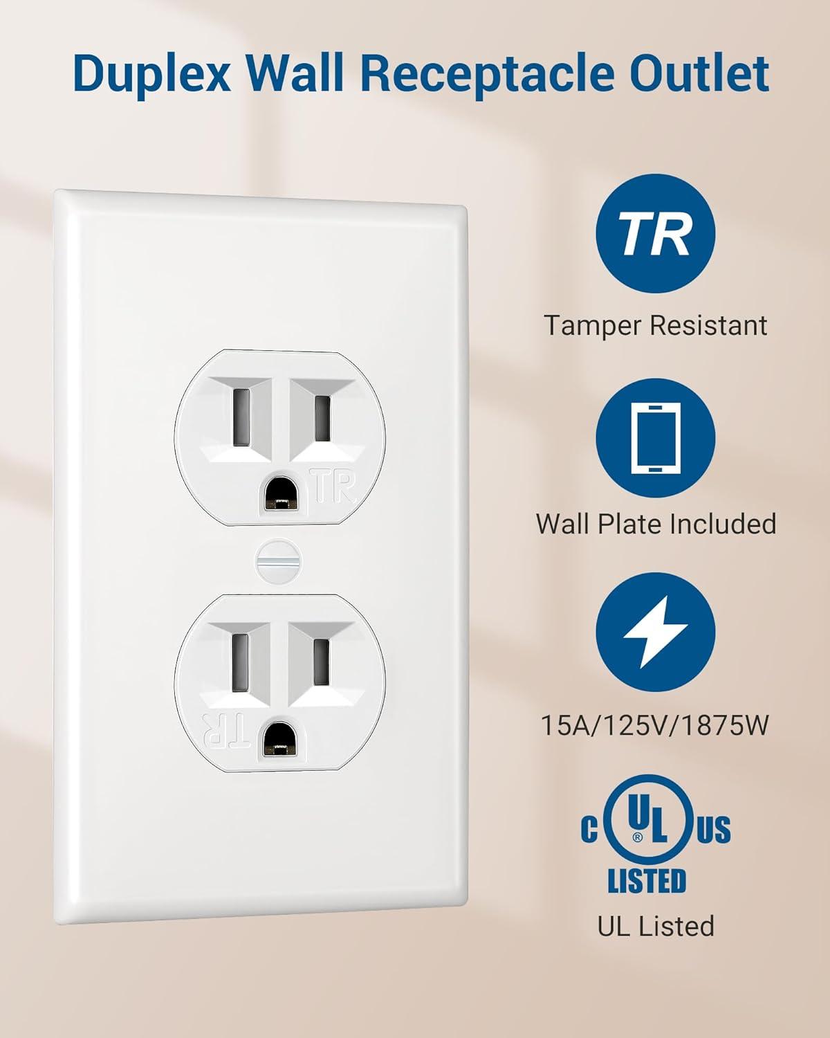 White Tamper Resistant Duplex Outlet with Wall Plate, 15A, 20-Pack