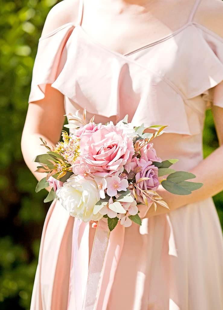 Ansofi Dusty Rose Wedding Bouquets for Bride Bridesmaid Artificial Silk Roses Flowers Tossing Bridal Bouquet for Wedding Ceremony Decor