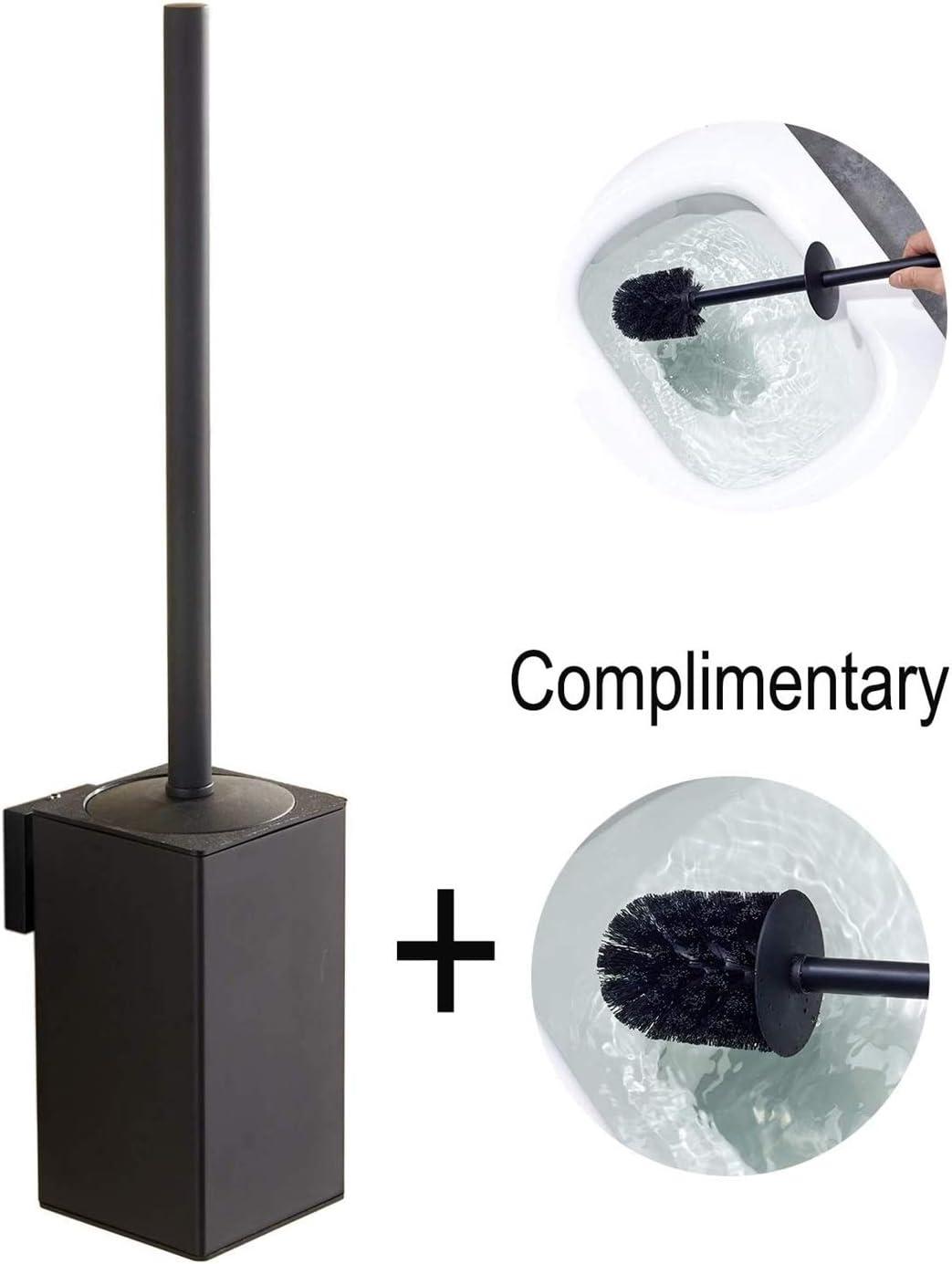 Stainless Steel Toilet Brush & Holder,Wall-Mounted, long handle,Square Toilet Brush Set,Heavy Duty Cleaner for Bathroom, with Removable Plastic Brush (Black)