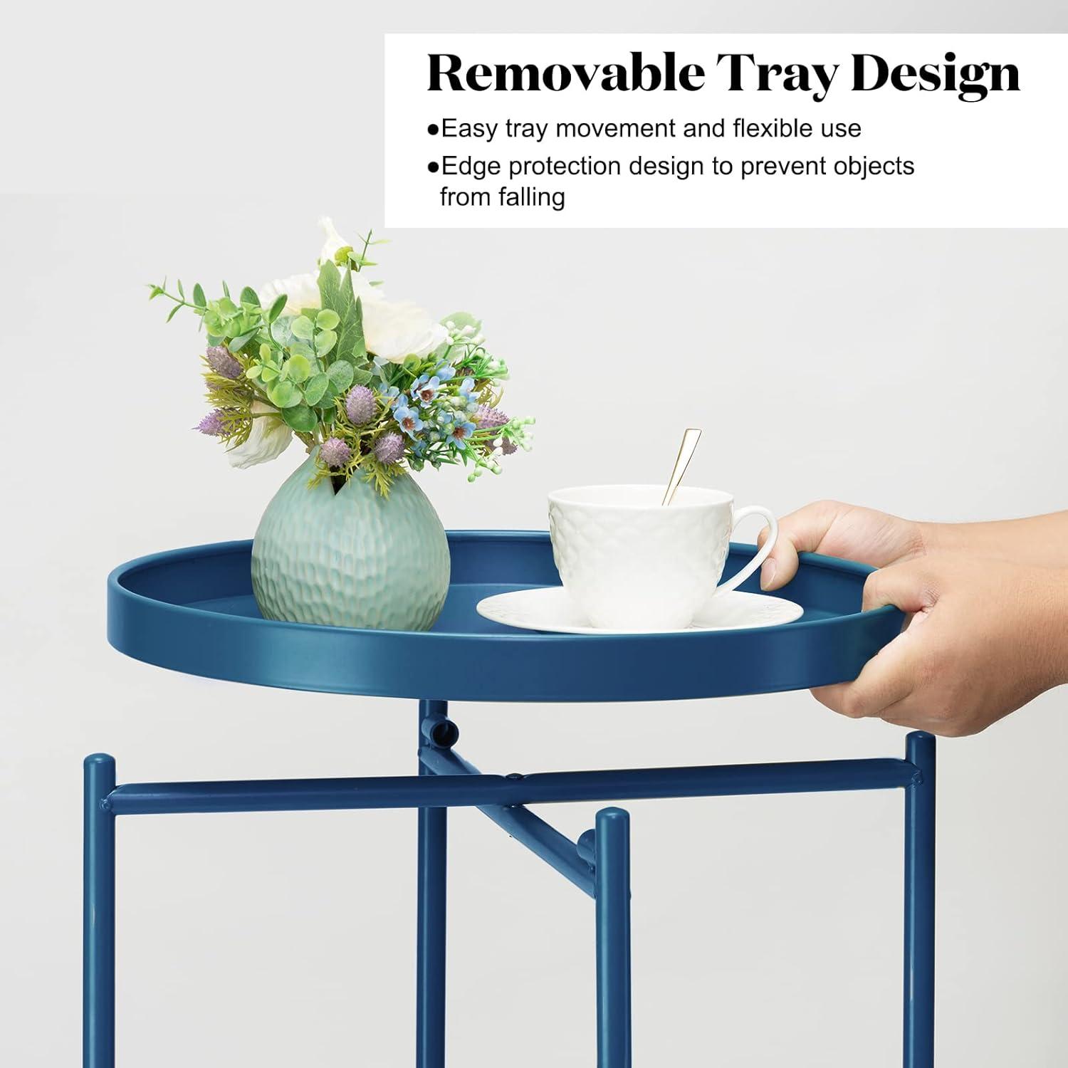 HollyHOME 2-Tier Round Side Table, Outdoor Small Folding Accent Stand with Removable Tray, Anti-Rust Metal Asional Table for Balcony Patio Living Room, Nightstand for Bedroom(Navy Blue)